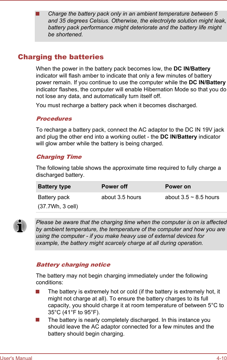 Charge the battery pack only in an ambient temperature between 5and 35 degrees Celsius. Otherwise, the electrolyte solution might leak,battery pack performance might deteriorate and the battery life mightbe shortened.Charging the batteriesWhen the power in the battery pack becomes low, the DC IN/Batteryindicator will flash amber to indicate that only a few minutes of batterypower remain. If you continue to use the computer while the DC IN/Batteryindicator flashes, the computer will enable Hibernation Mode so that you donot lose any data, and automatically turn itself off.You must recharge a battery pack when it becomes discharged.ProceduresTo recharge a battery pack, connect the AC adaptor to the DC IN 19V jackand plug the other end into a working outlet - the DC IN/Battery indicatorwill glow amber while the battery is being charged.Charging TimeThe following table shows the approximate time required to fully charge adischarged battery.Battery type Power off Power onBattery pack(37.7Wh, 3 cell)about 3.5 hours about 3.5 ~ 8.5 hoursPlease be aware that the charging time when the computer is on is affectedby ambient temperature, the temperature of the computer and how you areusing the computer - if you make heavy use of external devices forexample, the battery might scarcely charge at all during operation.Battery charging noticeThe battery may not begin charging immediately under the followingconditions:The battery is extremely hot or cold (if the battery is extremely hot, itmight not charge at all). To ensure the battery charges to its fullcapacity, you should charge it at room temperature of between 5°C to35°C (41°F to 95°F).The battery is nearly completely discharged. In this instance youshould leave the AC adaptor connected for a few minutes and thebattery should begin charging.User&apos;s Manual 4-10