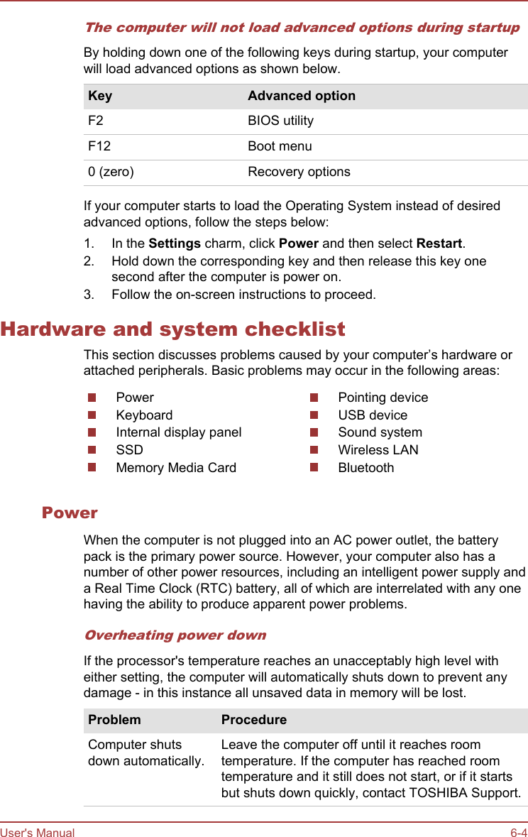 The computer will not load advanced options during startupBy holding down one of the following keys during startup, your computerwill load advanced options as shown below.Key Advanced optionF2 BIOS utilityF12 Boot menu0 (zero) Recovery optionsIf your computer starts to load the Operating System instead of desiredadvanced options, follow the steps below:1. In the Settings charm, click Power and then select Restart.2. Hold down the corresponding key and then release this key onesecond after the computer is power on.3. Follow the on-screen instructions to proceed.Hardware and system checklistThis section discusses problems caused by your computer’s hardware orattached peripherals. Basic problems may occur in the following areas:PowerKeyboardInternal display panelSSDMemory Media CardPointing deviceUSB deviceSound systemWireless LANBluetoothPowerWhen the computer is not plugged into an AC power outlet, the batterypack is the primary power source. However, your computer also has anumber of other power resources, including an intelligent power supply anda Real Time Clock (RTC) battery, all of which are interrelated with any onehaving the ability to produce apparent power problems.Overheating power downIf the processor&apos;s temperature reaches an unacceptably high level witheither setting, the computer will automatically shuts down to prevent anydamage - in this instance all unsaved data in memory will be lost.Problem ProcedureComputer shutsdown automatically.Leave the computer off until it reaches roomtemperature. If the computer has reached roomtemperature and it still does not start, or if it startsbut shuts down quickly, contact TOSHIBA Support.User&apos;s Manual 6-4