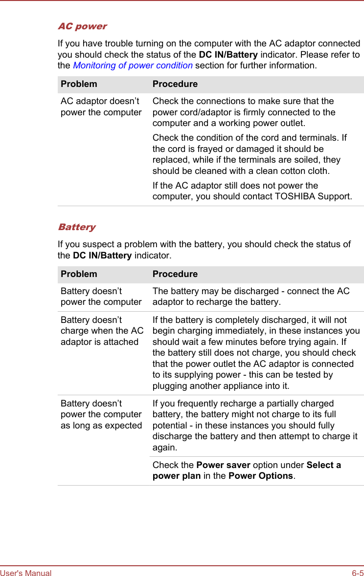 AC powerIf you have trouble turning on the computer with the AC adaptor connectedyou should check the status of the DC IN/Battery indicator. Please refer tothe Monitoring of power condition section for further information.Problem ProcedureAC adaptor doesn’tpower the computerCheck the connections to make sure that thepower cord/adaptor is firmly connected to thecomputer and a working power outlet.Check the condition of the cord and terminals. Ifthe cord is frayed or damaged it should bereplaced, while if the terminals are soiled, theyshould be cleaned with a clean cotton cloth.If the AC adaptor still does not power thecomputer, you should contact TOSHIBA Support.BatteryIf you suspect a problem with the battery, you should check the status ofthe DC IN/Battery indicator.Problem ProcedureBattery doesn’tpower the computerThe battery may be discharged - connect the ACadaptor to recharge the battery.Battery doesn’tcharge when the ACadaptor is attachedIf the battery is completely discharged, it will notbegin charging immediately, in these instances youshould wait a few minutes before trying again. Ifthe battery still does not charge, you should checkthat the power outlet the AC adaptor is connectedto its supplying power - this can be tested byplugging another appliance into it.Battery doesn’tpower the computeras long as expectedIf you frequently recharge a partially chargedbattery, the battery might not charge to its fullpotential - in these instances you should fullydischarge the battery and then attempt to charge itagain.Check the Power saver option under Select a power plan in the Power Options.User&apos;s Manual 6-5