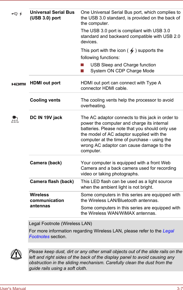 Universal Serial Bus(USB 3.0) portOne Universal Serial Bus port, which complies tothe USB 3.0 standard, is provided on the back ofthe computer.The USB 3.0 port is compliant with USB 3.0standard and backward compatible with USB 2.0devices.This port with the icon (   ) supports thefollowing functions:USB Sleep and Charge functionSystem ON CDP Charge ModeHDMI out port HDMI out port can connect with Type Aconnector HDMI cable.Cooling vents The cooling vents help the processor to avoidoverheating.DC IN 19V jack The AC adaptor connects to this jack in order topower the computer and charge its internalbatteries. Please note that you should only usethe model of AC adaptor supplied with thecomputer at the time of purchase - using thewrong AC adaptor can cause damage to thecomputer.Camera (back) Your computer is equipped with a front WebCamera and a back camera used for recordingvideo or taking photographs.Camera flash (back) This LED flash can be used as a light sourcewhen the ambient light is not bright.WirelesscommunicationantennasSome computers in this series are equipped withthe Wireless LAN/Bluetooth antennas.Some computers in this series are equipped withthe Wireless WAN/WiMAX antennas.Legal Footnote (Wireless LAN)For more information regarding Wireless LAN, please refer to the LegalFootnotes section.Please keep dust, dirt or any other small objects out of the slide rails on theleft and right sides of the back of the display panel to avoid causing anyobstruction in the sliding mechanism. Carefully clean the dust from theguide rails using a soft cloth.User&apos;s Manual 3-7