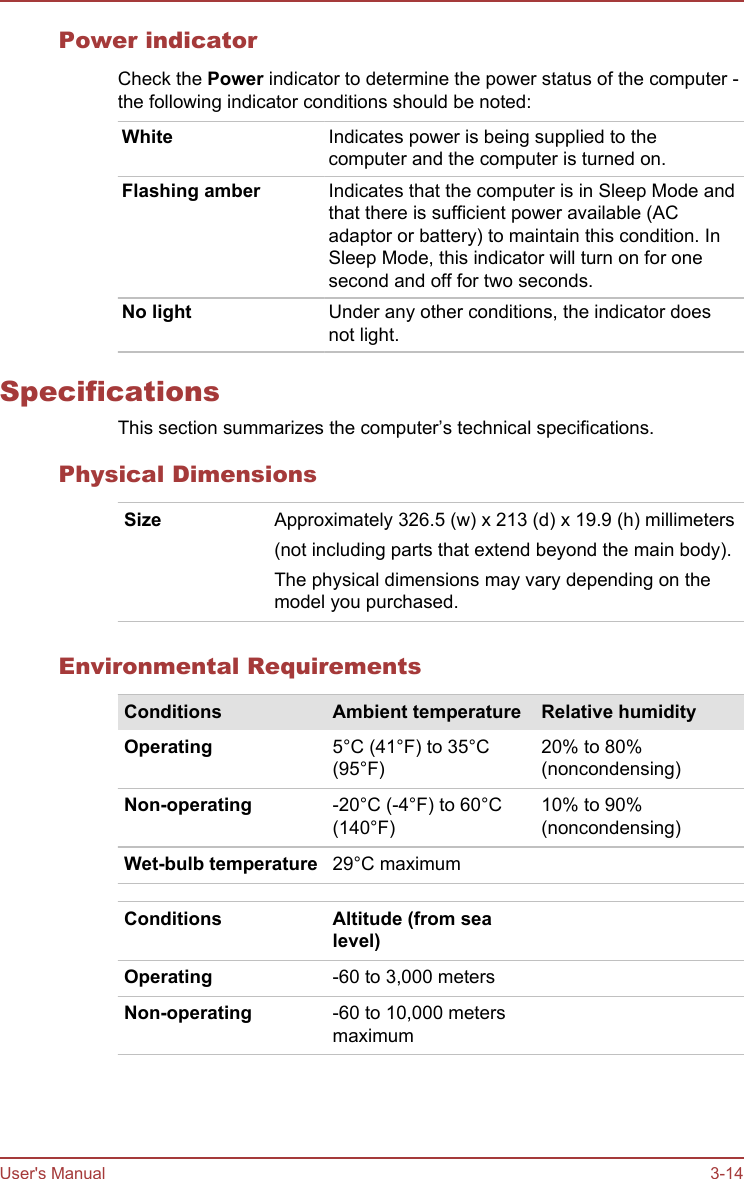 Power indicatorCheck the Power indicator to determine the power status of the computer -the following indicator conditions should be noted:White Indicates power is being supplied to thecomputer and the computer is turned on.Flashing amber Indicates that the computer is in Sleep Mode andthat there is sufficient power available (ACadaptor or battery) to maintain this condition. InSleep Mode, this indicator will turn on for onesecond and off for two seconds.No light Under any other conditions, the indicator doesnot light.SpecificationsThis section summarizes the computer’s technical specifications.Physical DimensionsSize Approximately 326.5 (w) x 213 (d) x 19.9 (h) millimeters(not including parts that extend beyond the main body).The physical dimensions may vary depending on themodel you purchased.Environmental RequirementsConditions Ambient temperature Relative humidityOperating 5°C (41°F) to 35°C(95°F)20% to 80%(noncondensing)Non-operating -20°C (-4°F) to 60°C(140°F)10% to 90%(noncondensing)Wet-bulb temperature 29°C maximumConditions Altitude (from sealevel)Operating -60 to 3,000 metersNon-operating -60 to 10,000 metersmaximumUser&apos;s Manual 3-14