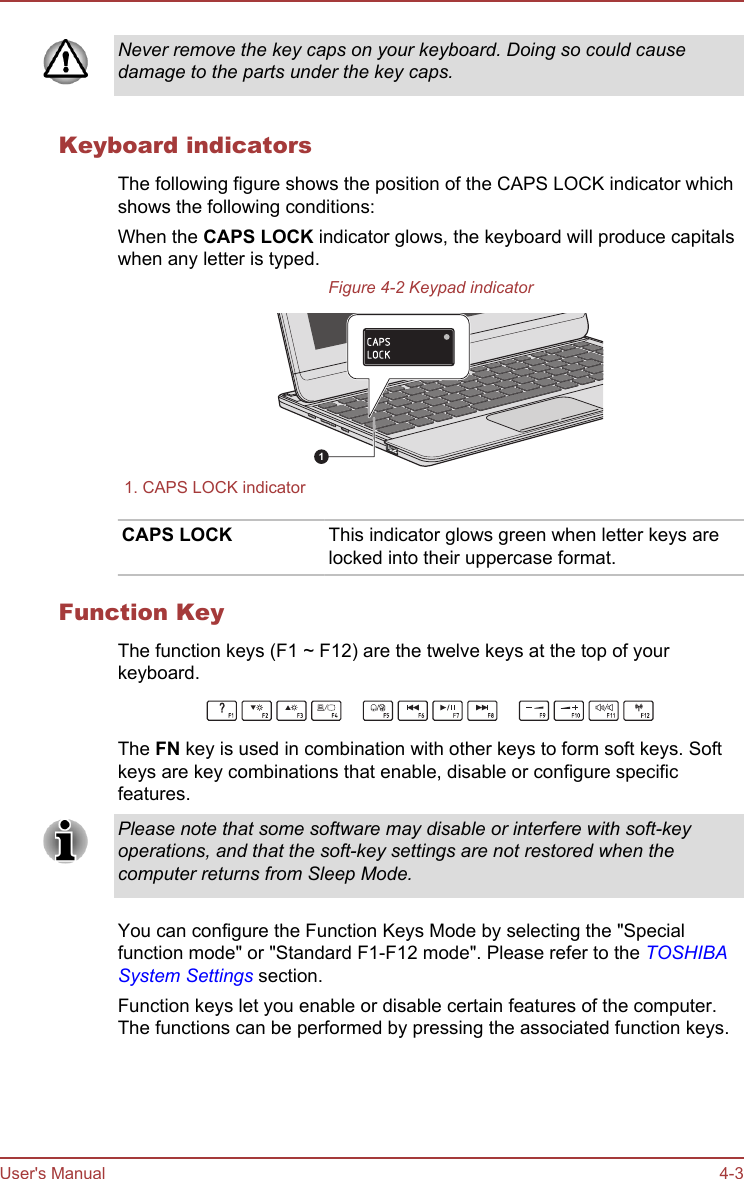 Never remove the key caps on your keyboard. Doing so could causedamage to the parts under the key caps.Keyboard indicatorsThe following figure shows the position of the CAPS LOCK indicator whichshows the following conditions:When the CAPS LOCK indicator glows, the keyboard will produce capitalswhen any letter is typed.Figure 4-2 Keypad indicator11. CAPS LOCK indicator  CAPS LOCK This indicator glows green when letter keys arelocked into their uppercase format.Function KeyThe function keys (F1 ~ F12) are the twelve keys at the top of yourkeyboard.The FN key is used in combination with other keys to form soft keys. Softkeys are key combinations that enable, disable or configure specificfeatures.Please note that some software may disable or interfere with soft-keyoperations, and that the soft-key settings are not restored when thecomputer returns from Sleep Mode.You can configure the Function Keys Mode by selecting the &quot;Specialfunction mode&quot; or &quot;Standard F1-F12 mode&quot;. Please refer to the TOSHIBASystem Settings section.Function keys let you enable or disable certain features of the computer.The functions can be performed by pressing the associated function keys.User&apos;s Manual 4-3