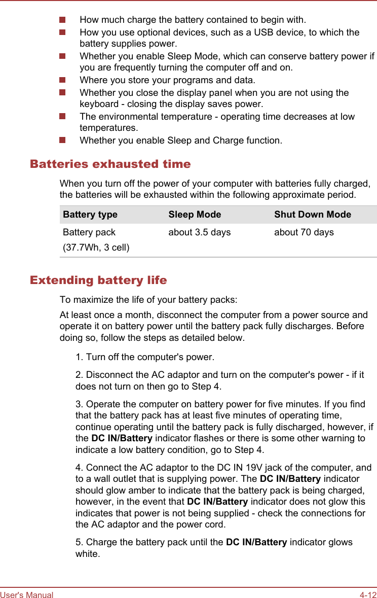How much charge the battery contained to begin with.How you use optional devices, such as a USB device, to which thebattery supplies power.Whether you enable Sleep Mode, which can conserve battery power ifyou are frequently turning the computer off and on.Where you store your programs and data.Whether you close the display panel when you are not using thekeyboard - closing the display saves power.The environmental temperature - operating time decreases at lowtemperatures.Whether you enable Sleep and Charge function.Batteries exhausted timeWhen you turn off the power of your computer with batteries fully charged,the batteries will be exhausted within the following approximate period.Battery type Sleep Mode Shut Down ModeBattery pack(37.7Wh, 3 cell)about 3.5 days about 70 daysExtending battery lifeTo maximize the life of your battery packs:At least once a month, disconnect the computer from a power source andoperate it on battery power until the battery pack fully discharges. Beforedoing so, follow the steps as detailed below.1. Turn off the computer&apos;s power.2. Disconnect the AC adaptor and turn on the computer&apos;s power - if itdoes not turn on then go to Step 4.3. Operate the computer on battery power for five minutes. If you findthat the battery pack has at least five minutes of operating time,continue operating until the battery pack is fully discharged, however, ifthe DC IN/Battery indicator flashes or there is some other warning toindicate a low battery condition, go to Step 4.4. Connect the AC adaptor to the DC IN 19V jack of the computer, andto a wall outlet that is supplying power. The DC IN/Battery indicatorshould glow amber to indicate that the battery pack is being charged,however, in the event that DC IN/Battery indicator does not glow thisindicates that power is not being supplied - check the connections forthe AC adaptor and the power cord.5. Charge the battery pack until the DC IN/Battery indicator glowswhite.User&apos;s Manual 4-12