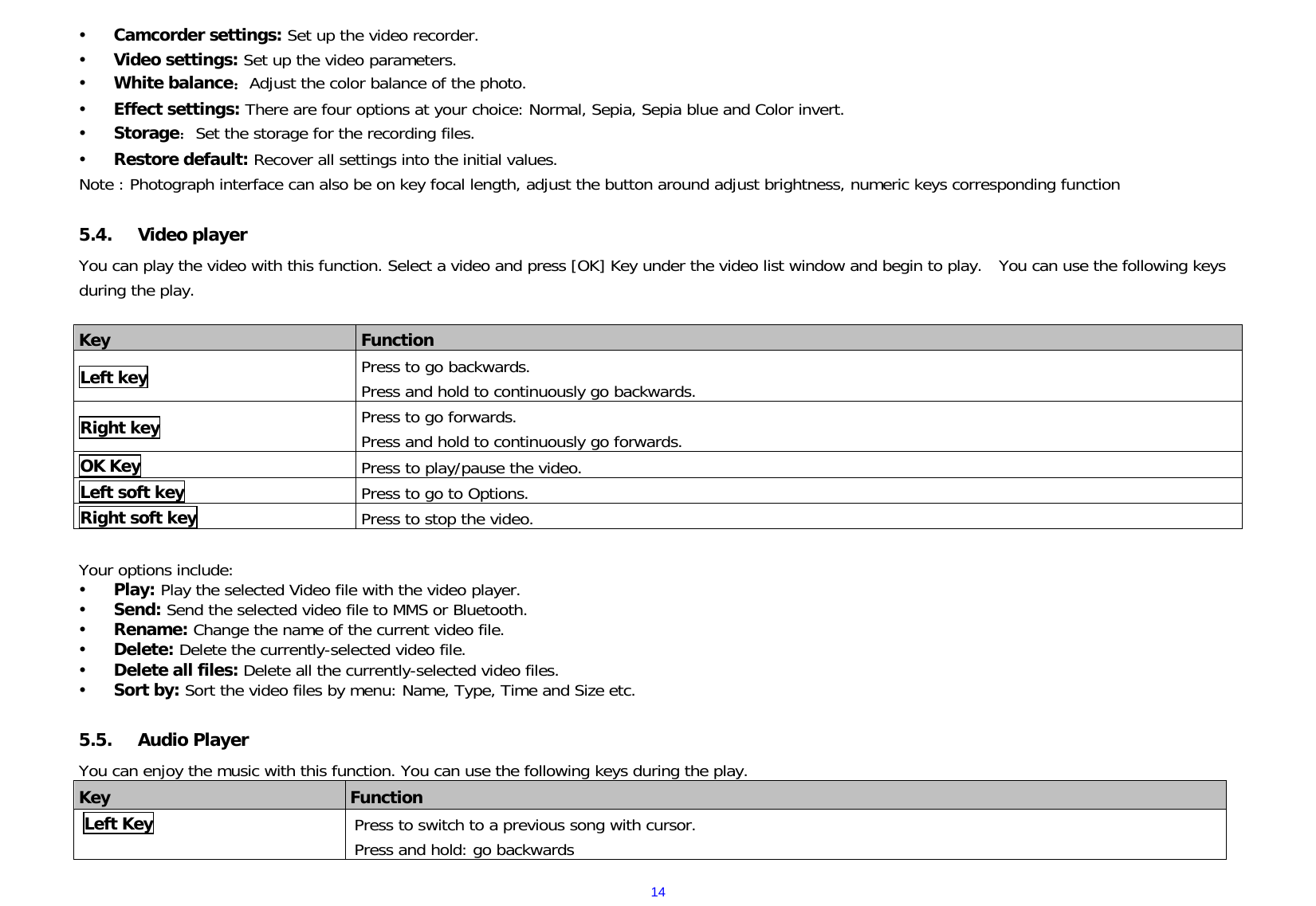  14y Camcorder settings: Set up the video recorder.   y Video settings: Set up the video parameters.   y White balance：Adjust the color balance of the photo. y Effect settings: There are four options at your choice: Normal, Sepia, Sepia blue and Color invert. y Storage：Set the storage for the recording files. y Restore default: Recover all settings into the initial values. Note : Photograph interface can also be on key focal length, adjust the button around adjust brightness, numeric keys corresponding function  5.4. Video player You can play the video with this function. Select a video and press [OK] Key under the video list window and begin to play.  You can use the following keys during the play.    Key  Function  Left key Press to go backwards. Press and hold to continuously go backwards.   Right key Press to go forwards. Press and hold to continuously go forwards.   OK Key Press to play/pause the video.     Left soft key Press to go to Options. Right soft key Press to stop the video.  Your options include:  y Play: Play the selected Video file with the video player. y Send: Send the selected video file to MMS or Bluetooth. y Rename: Change the name of the current video file. y Delete: Delete the currently-selected video file. y Delete all files: Delete all the currently-selected video files. y Sort by: Sort the video files by menu: Name, Type, Time and Size etc.  5.5. Audio Player You can enjoy the music with this function. You can use the following keys during the play.  Key  Function Left Key Press to switch to a previous song with cursor.  Press and hold: go backwards 