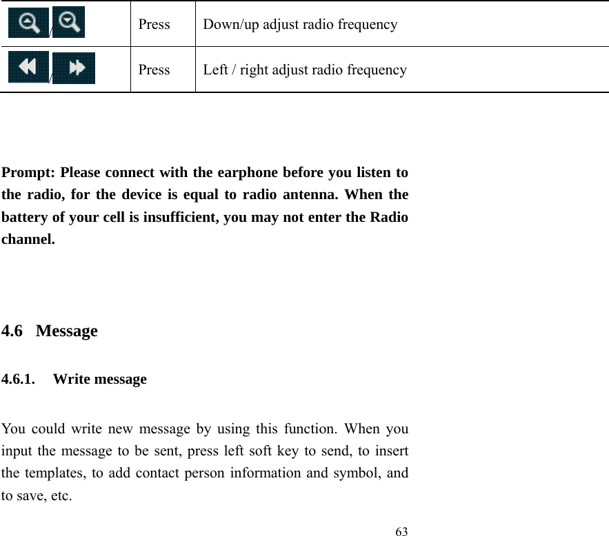  63 /   Press  Down/up adjust radio frequency /   Press  Left / right adjust radio frequency    Prompt: Please connect with the earphone before you listen to the radio, for the device is equal to radio antenna. When the battery of your cell is insufficient, you may not enter the Radio channel.   4.6  Message 4.6.1. Write message You could write new message by using this function. When you input the message to be sent, press left soft key to send, to insert the templates, to add contact person information and symbol, and to save, etc. 