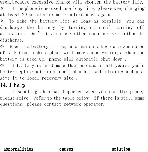  week,because excessive charge will shorten the battery life.  if the phone is no used in a long time, please keep charging  at least 20 minutes or more before used again.  To make  the battery  life  as long  as  possible, you can discharge  the  battery  by  turning  on  until  turning  off automatic .  Don&apos;t try  to use  other unauthorized  method  to discharge.  When the battery is low, and can only keep a few minutes of talk time, mobile phone will make sound warnings. when the battery is used up, phone will automatic shut down .  If battery is used more than one and a half years, you&apos;d better replace batteries.don&apos;t abandon used batteries and just give it to local recovery site . 14.3 help If  someting  abnormal  happened  when  you  use  the  phone, please solve  refer to the table below , if there is still some questions, please contact network operator.       abnormalities causes solution 