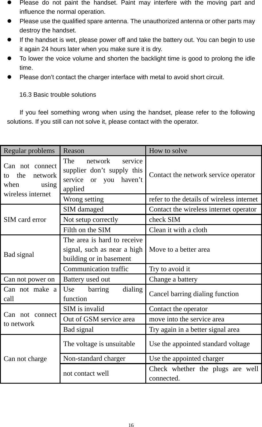 16 z  Please do not paint the handset. Paint may interfere with the moving part and influence the normal operation. z  Please use the qualified spare antenna. The unauthorized antenna or other parts may destroy the handset. z  If the handset is wet, please power off and take the battery out. You can begin to use it again 24 hours later when you make sure it is dry. z  To lower the voice volume and shorten the backlight time is good to prolong the idle time. z  Please don’t contact the charger interface with metal to avoid short circuit. 16.3 Basic trouble solutions     If you feel something wrong when using the handset, please refer to the following solutions. If you still can not solve it, please contact with the operator.  Regular problems  Reason  How to solve   Can not connect to the network when using wireless internet The network service supplier don’t supply this service or you haven’t applied Contact the network service operator Wrong setting  refer to the details of wireless internetSIM card error SIM damaged  Contact the wireless internet operatorNot setup correctly  check SIM   Filth on the SIM    Clean it with a cloth Bad signal The area is hard to receive signal, such as near a high building or in basement Move to a better area Communication traffic  Try to avoid it Can not power on  Battery used out    Change a battery Can not make a call Use barring dialing function  Cancel barring dialing function Can not connect to network SIM is invalid  Contact the operator Out of GSM service area  move into the service area Bad signal  Try again in a better signal area Can not charge The voltage is unsuitable  Use the appointed standard voltage Non-standard charger  Use the appointed charger not contact well  Check whether the plugs are well connected.  