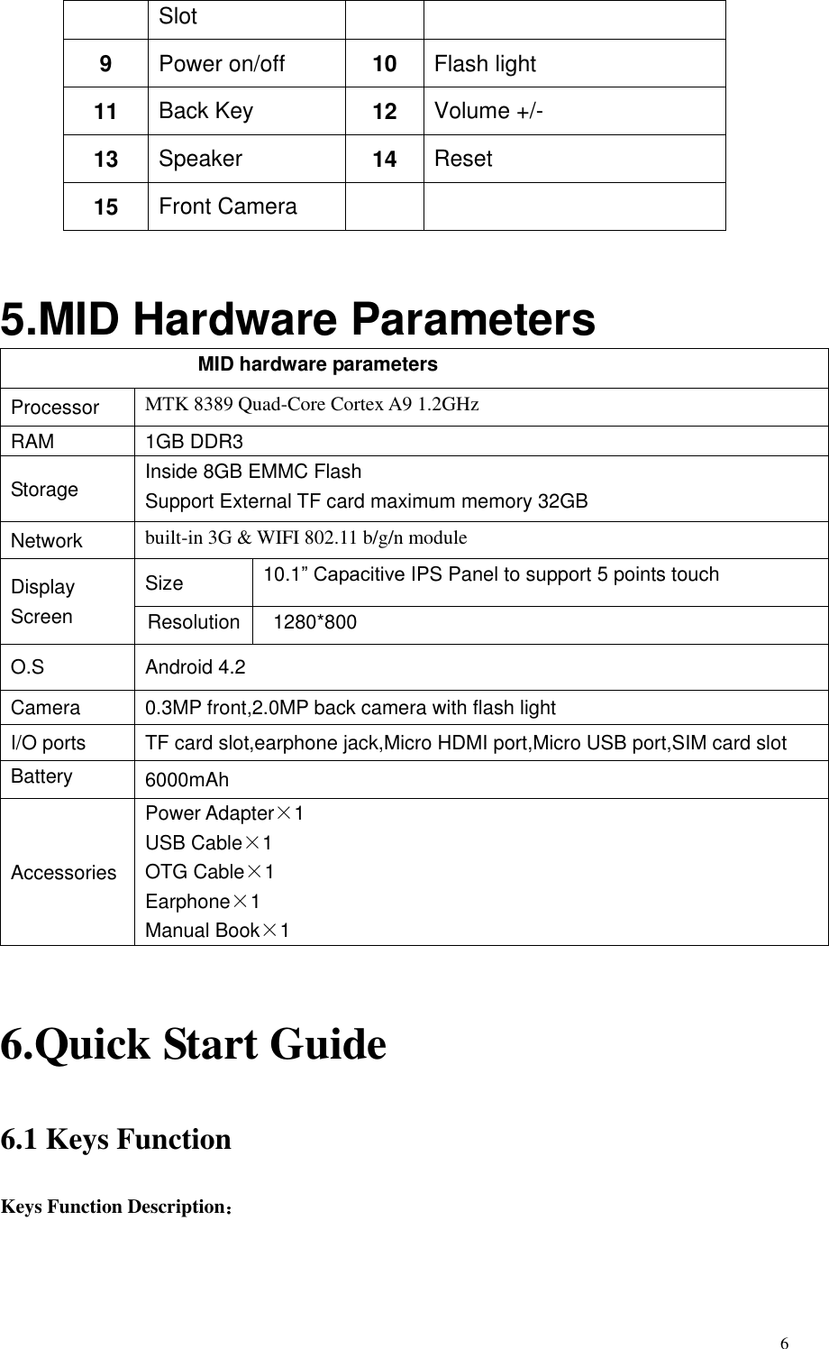       6 Slot 9 Power on/off 10 Flash light 11 Back Key 12 Volume +/- 13 Speaker 14 Reset 15 Front Camera    5.MID Hardware Parameters                                       MID hardware parameters Processor MTK 8389 Quad-Core Cortex A9 1.2GHz RAM 1GB DDR3 Storage Inside 8GB EMMC Flash   Support External TF card maximum memory 32GB Network built-in 3G &amp; WIFI 802.11 b/g/n module Display Screen Size 10.1” Capacitive IPS Panel to support 5 points touch Resolution   1280*800 O.S Android 4.2   Camera 0.3MP front,2.0MP back camera with flash light I/O ports TF card slot,earphone jack,Micro HDMI port,Micro USB port,SIM card slot Battery 6000mAh Accessories Power Adapter×1 USB Cable×1 OTG Cable×1 Earphone×1 Manual Book×1  6.Quick Start Guide 6.1 Keys Function Keys Function Description：  