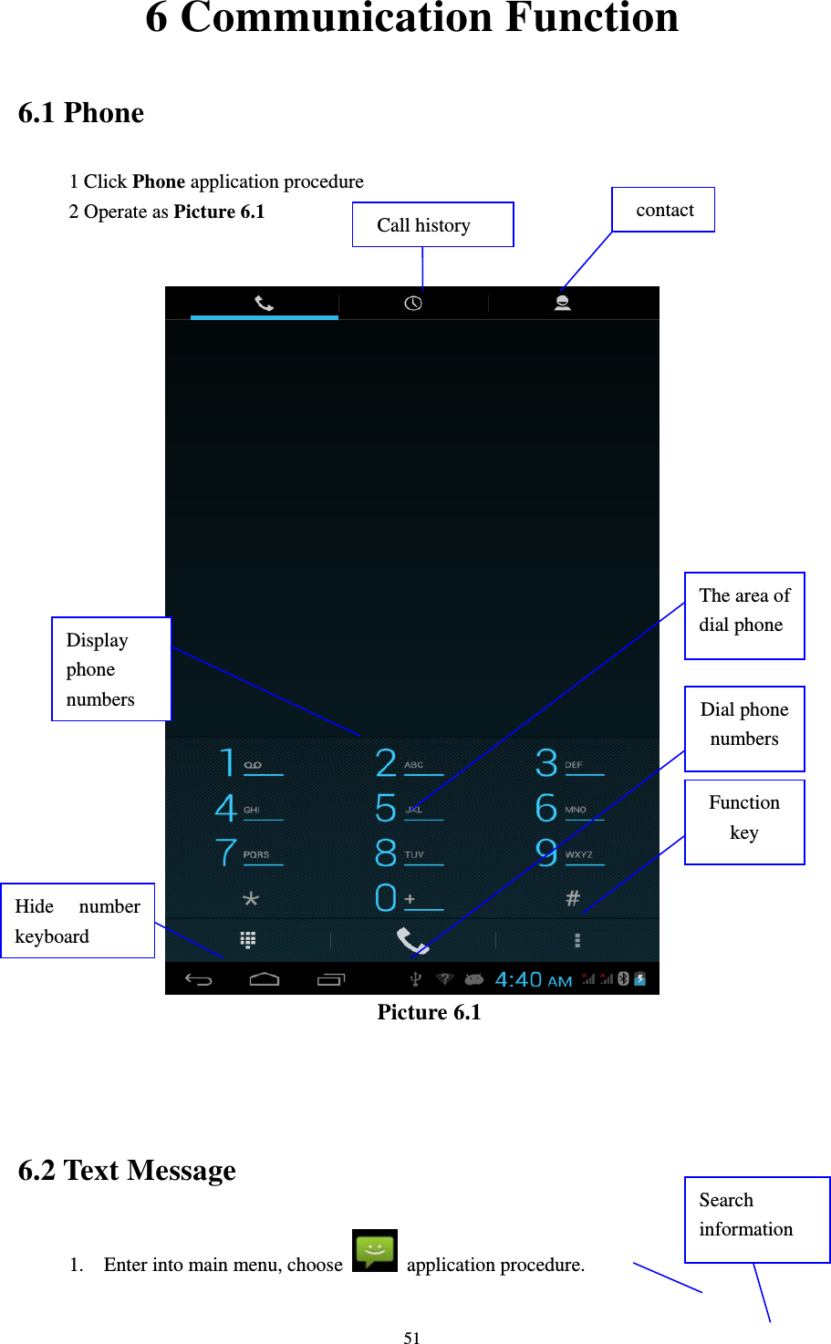     516 Communication Function 6.1 Phone 1 Click Phone application procedure 2 Operate as Picture 6.1    Picture 6.1    6.2 Text Message 1.    Enter into main menu, choose   application procedure.       Search information Display phone numbers  Dial phone numbers The area of dial phone Function key Hide number keyboard Call history  contact