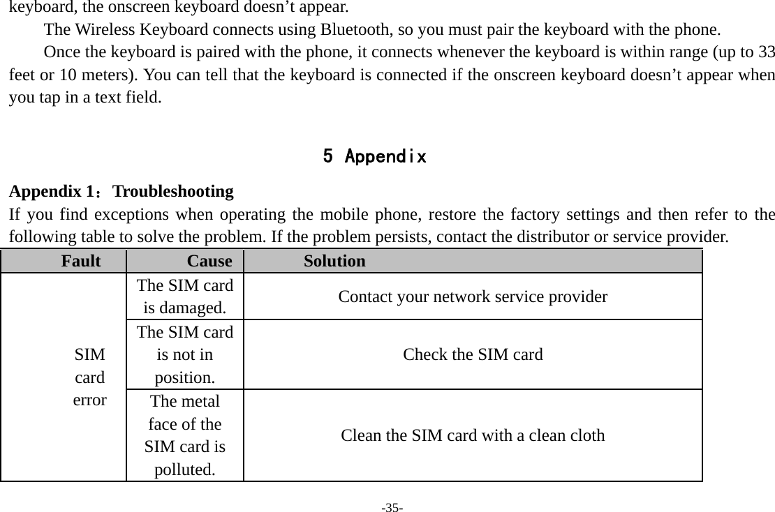 -35- keyboard, the onscreen keyboard doesn’t appear. The Wireless Keyboard connects using Bluetooth, so you must pair the keyboard with the phone.   Once the keyboard is paired with the phone, it connects whenever the keyboard is within range (up to 33 feet or 10 meters). You can tell that the keyboard is connected if the onscreen keyboard doesn’t appear when you tap in a text field.  5 Appendix Appendix 1：Troubleshooting If you find exceptions when operating the mobile phone, restore the factory settings and then refer to the following table to solve the problem. If the problem persists, contact the distributor or service provider. Fault  Cause  Solution SIM card error The SIM card is damaged.  Contact your network service provider The SIM card is not in position. Check the SIM card The metal face of the SIM card is polluted. Clean the SIM card with a clean cloth 