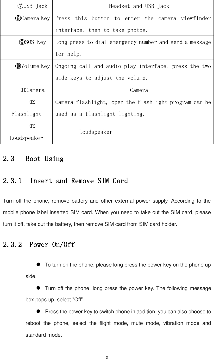   8 ⑦USB Jack Headset and USB Jack ⑧Camera Key Press  this  button  to  enter  the  camera  viewfinder interface, then to take photos. ⑨SOS Key Long press to dial emergency number and send a message for help. ⑩Volume Key Ongoing call and audio play interface, press the two side keys to adjust the volume. ⑾Camera Camera ⑿Flashlight Camera flashlight, open the flashlight program can be used as a flashlight lighting. ⒀Loudspeaker Loudspeaker 2.3   Boot Using 2.3.1  Insert and Remove SIM Card Turn off  the phone, remove battery  and other external power supply.  According to  the mobile phone label inserted SIM card. When you need to take out the SIM card, please turn it off, take out the battery, then remove SIM card from SIM card holder. 2.3.2  Power On/Off  To turn on the phone, please long press the power key on the phone up side.  Turn off the phone, long press the power key. The following message box pops up, select &quot;Off”.  Press the power key to switch phone in addition, you can also choose to reboot  the  phone,  select  the  flight  mode,  mute  mode,  vibration  mode  and standard mode. 