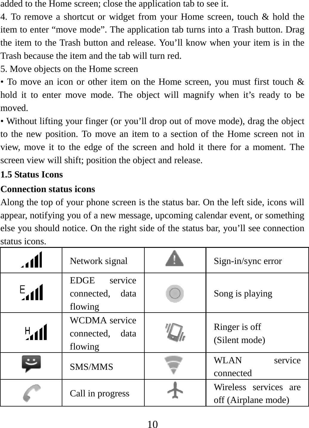   10added to the Home screen; close the application tab to see it.   4. To remove a shortcut or widget from your Home screen, touch &amp; hold the item to enter “move mode”. The application tab turns into a Trash button. Drag the item to the Trash button and release. You’ll know when your item is in the Trash because the item and the tab will turn red. 5. Move objects on the Home screen   • To move an icon or other item on the Home screen, you must first touch &amp; hold it to enter move mode. The object will magnify when it’s ready to be moved.  • Without lifting your finger (or you’ll drop out of move mode), drag the object to the new position. To move an item to a section of the Home screen not in view, move it to the edge of the screen and hold it there for a moment. The screen view will shift; position the object and release.   1.5 Status Icons Connection status icons Along the top of your phone screen is the status bar. On the left side, icons will appear, notifying you of a new message, upcoming calendar event, or something else you should notice. On the right side of the status bar, you’ll see connection status icons.    Network signal  Sign-in/sync error  EDGE service connected, data flowing   Song is playing   WCDMA service connected, data flowing   Ringer is off (Silent mode)  SMS/MMS  WLAN service connected  Call in progress   Wireless services are off (Airplane mode) 