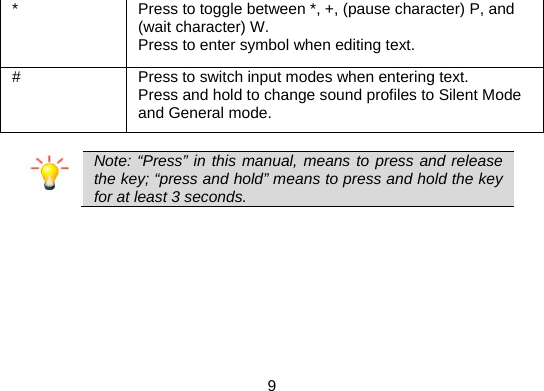  9 *  Press to toggle between *, +, (pause character) P, and (wait character) W. Press to enter symbol when editing text. #  Press to switch input modes when entering text. Press and hold to change sound profiles to Silent Mode and General mode.   Note: “Press” in this manual, means to press and release the key; “press and hold” means to press and hold the key for at least 3 seconds.  