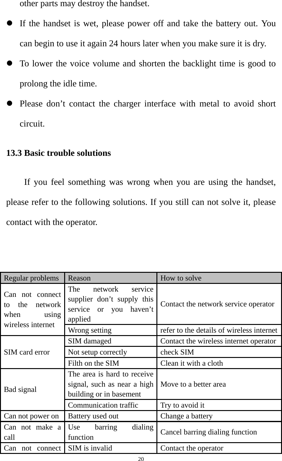  20other parts may destroy the handset. z If the handset is wet, please power off and take the battery out. You can begin to use it again 24 hours later when you make sure it is dry. z To lower the voice volume and shorten the backlight time is good to prolong the idle time. z Please don’t contact the charger interface with metal to avoid short circuit. 13.3 Basic trouble solutions If you feel something was wrong when you are using the handset, please refer to the following solutions. If you still can not solve it, please contact with the operator.   Regular problems  Reason  How to solve   Can not connect to the network when using wireless internet The network service supplier don’t supply this service or you haven’t applied Contact the network service operator Wrong setting  refer to the details of wireless internetSIM card error SIM damaged  Contact the wireless internet operatorNot setup correctly  check SIM   Filth on the SIM    Clean it with a cloth Bad signal The area is hard to receive signal, such as near a high building or in basement Move to a better area Communication traffic  Try to avoid it Can not power on  Battery used out    Change a battery Can not make a call Use barring dialing function  Cancel barring dialing function Can not connect  SIM is invalid Contact the operator 