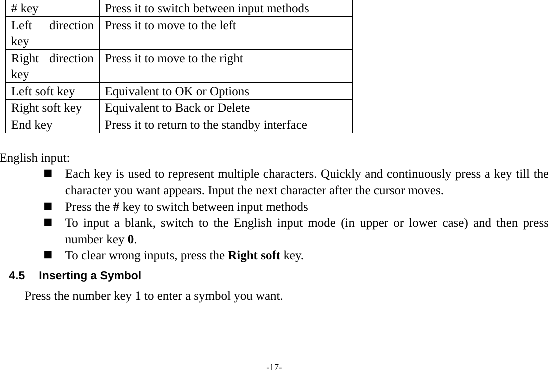 -17- # key  Press it to switch between input methods Left direction key Press it to move to the left Right direction key Press it to move to the right Left soft key  Equivalent to OK or Options Right soft key  Equivalent to Back or Delete End key  Press it to return to the standby interface  English input:  Each key is used to represent multiple characters. Quickly and continuously press a key till the character you want appears. Input the next character after the cursor moves.  Press the # key to switch between input methods  To input a blank, switch to the English input mode (in upper or lower case) and then press number key 0.  To clear wrong inputs, press the Right soft key. 4.5  Inserting a Symbol Press the number key 1 to enter a symbol you want.    