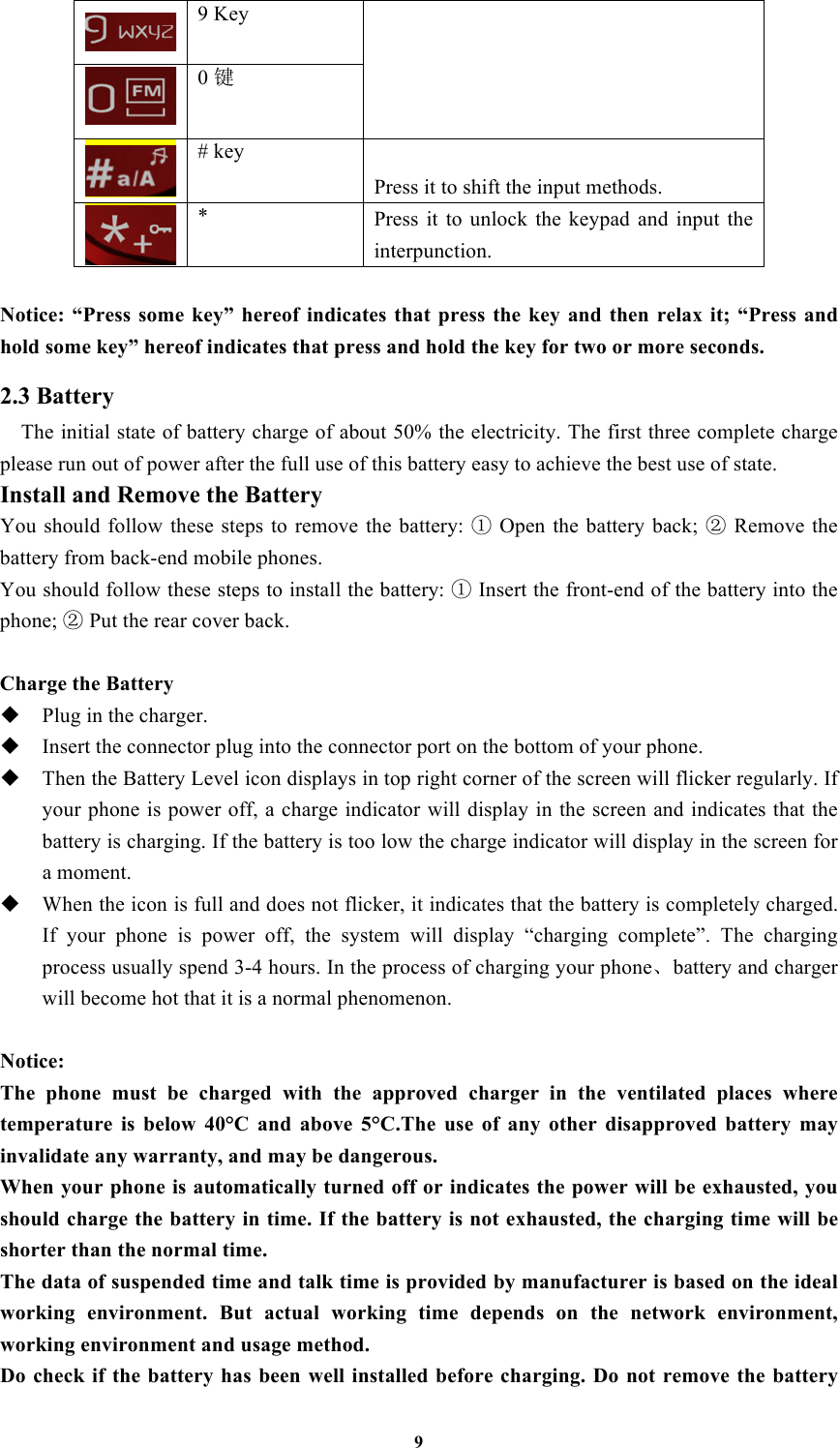 9  9 Key  0键  # key Press it to shift the input methods.    * Press  it  to  unlock  the  keypad  and  input  the interpunction.    Notice:  “Press  some  key”  hereof  indicates  that  press  the key  and  then  relax  it;  “Press  and hold some key” hereof indicates that press and hold the key for two or more seconds. 2.3 Battery   The initial state of battery charge of about 50% the electricity. The first three complete charge please run out of power after the full use of this battery easy to achieve the best use of state. Install and Remove the Battery You should  follow  these  steps  to remove  the battery: ① Open the  battery  back; ② Remove the battery from back-end mobile phones. You should follow these steps to install the battery: ① Insert the front-end of the battery into the phone; ② Put the rear cover back.  Charge the Battery  Plug in the charger.  Insert the connector plug into the connector port on the bottom of your phone.    Then the Battery Level icon displays in top right corner of the screen will flicker regularly. If your phone is power off, a charge indicator will display in the screen and indicates that the battery is charging. If the battery is too low the charge indicator will display in the screen for a moment.  When the icon is full and does not flicker, it indicates that the battery is completely charged. If  your  phone  is  power  off,  the  system  will  display  “charging  complete”.  The  charging process usually spend 3-4 hours. In the process of charging your phone、battery and charger will become hot that it is a normal phenomenon.  Notice: The  phone  must  be  charged  with  the  approved  charger  in  the  ventilated  places  where temperature  is  below  40°C  and  above  5°C.The  use  of  any  other  disapproved  battery  may invalidate any warranty, and may be dangerous. When your phone is automatically turned off or indicates the power will be exhausted, you should charge the battery in time. If the battery is not exhausted, the charging time will be shorter than the normal time. The data of suspended time and talk time is provided by manufacturer is based on the ideal working  environment.  But  actual  working  time  depends  on  the  network  environment, working environment and usage method. Do  check  if the battery has  been well installed before charging. Do not remove  the  battery 