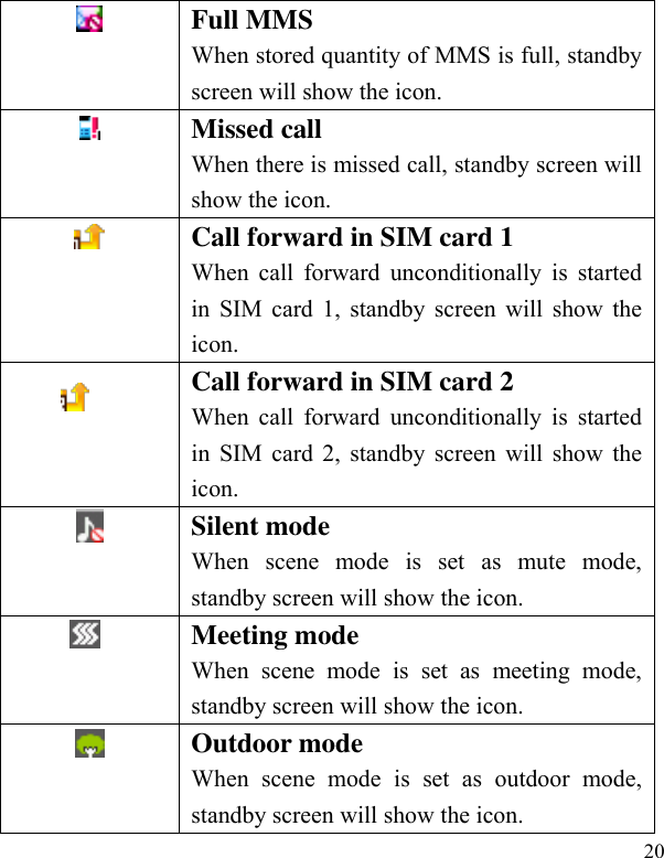  20  Full MMS   When stored quantity of MMS is full, standby screen will show the icon.  Missed call When there is missed call, standby screen will show the icon.  Call forward in SIM card 1 When  call  forward  unconditionally is  started in SIM card 1, standby screen will show the icon.    Call forward in SIM card 2 When  call  forward  unconditionally  is  started in SIM card 2, standby screen will show the icon.  Silent mode When  scene  mode  is  set  as  mute  mode, standby screen will show the icon.    Meeting mode When  scene  mode  is  set  as  meeting  mode, standby screen will show the icon.  Outdoor mode When  scene  mode  is  set  as  outdoor  mode, standby screen will show the icon. 