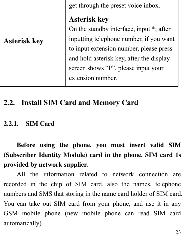  23 get through the preset voice inbox. Asterisk key  Asterisk key On the standby interface, input *; after inputting telephone number, if you want to input extension number, please press and hold asterisk key, after the display screen shows “P”, please input your extension number. 2.2. Install SIM Card and Memory Card 2.2.1. SIM Card Before  using  the  phone,  you  must  insert  valid  SIM (Subscriber Identity Module) card in the phone. SIM card 1s provided by network supplier.   All  the  information  related  to  network  connection  are recorded  in  the  chip  of  SIM  card,  also  the  names,  telephone numbers and SMS that storing in the name card holder of SIM card. You can  take  out  SIM  card  from  your  phone,  and  use  it  in  any GSM  mobile  phone  (new  mobile  phone  can  read  SIM  card automatically).   