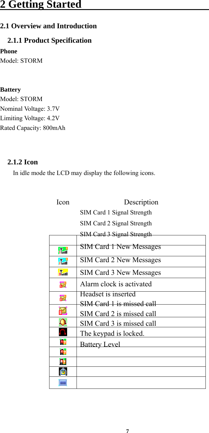 7 2 Getting Started                        2.1 Overview and Introduction 2.1.1 Product Specification Phone Model: STORM                Battery Model: STORM Nominal Voltage: 3.7V Limiting Voltage: 4.2V Rated Capacity: 800mAh           2.1.2 Icon In idle mode the LCD may display the following icons.   Icon Description  SIM Card 1 Signal Strength  SIM Card 2 Signal Strength  SIM Card 3 Signal Strength  SIM Card 1 New Messages  SIM Card 2 New Messages  SIM Card 3 New Messages  Alarm clock is activated  Headset is inserted  SIM Card 1 is missed call  SIM Card 2 is missed call  SIM Card 3 is missed call  The keypad is locked.  Battery Level  