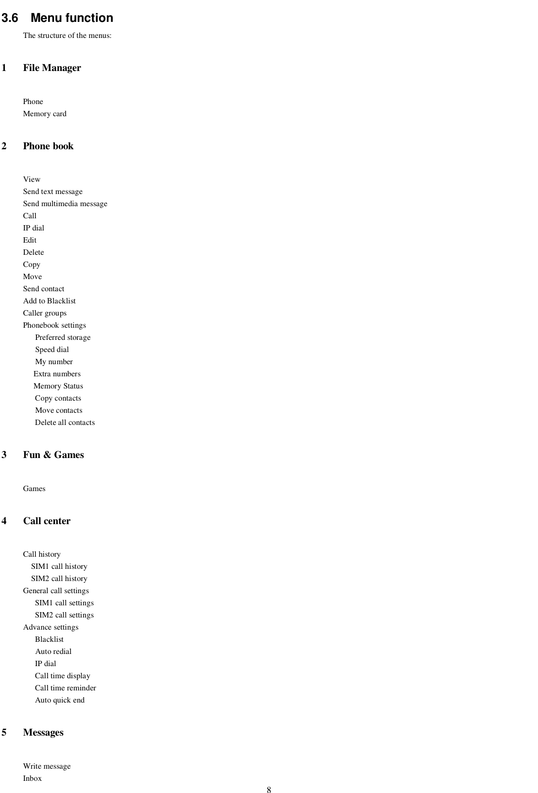   8 3.6  Menu function The structure of the menus: 1 File Manager Phone Memory card 2 Phone book View Send text message Send multimedia message Call IP dial Edit Delete Copy Move Send contact Add to Blacklist Caller groups Phonebook settings       Preferred storage       Speed dial       My number Extra numbers Memory Status       Copy contacts       Move contacts       Delete all contacts 3 Fun &amp; Games Games 4 Call center Call history SIM1 call history SIM2 call history General call settings SIM1 call settings SIM2 call settings Advance settings       Blacklist       Auto redial IP dial       Call time display       Call time reminder Auto quick end 5 Messages Write message Inbox 