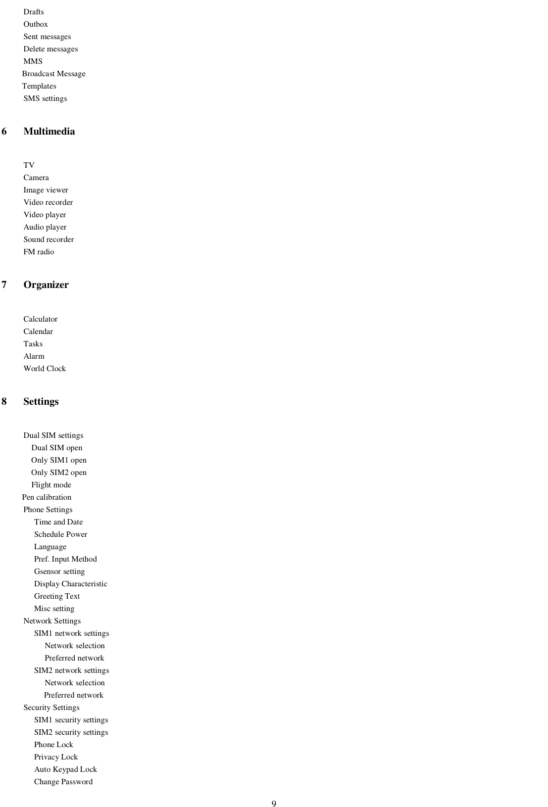   9 Drafts Outbox Sent messages Delete messages MMS Broadcast Message Templates SMS settings 6 Multimedia TV Camera Image viewer Video recorder Video player Audio player Sound recorder FM radio 7 Organizer Calculator Calendar   Tasks Alarm World Clock 8 Settings Dual SIM settings   Dual SIM open    Only SIM1 open    Only SIM2 open    Flight mode           Pen calibration Phone Settings Time and Date Schedule Power Language Pref. Input Method Gsensor setting Display Characteristic Greeting Text Misc setting Network Settings SIM1 network settings Network selection Preferred network SIM2 network settings Network selection Preferred network Security Settings SIM1 security settings SIM2 security settings Phone Lock Privacy Lock Auto Keypad Lock Change Password 
