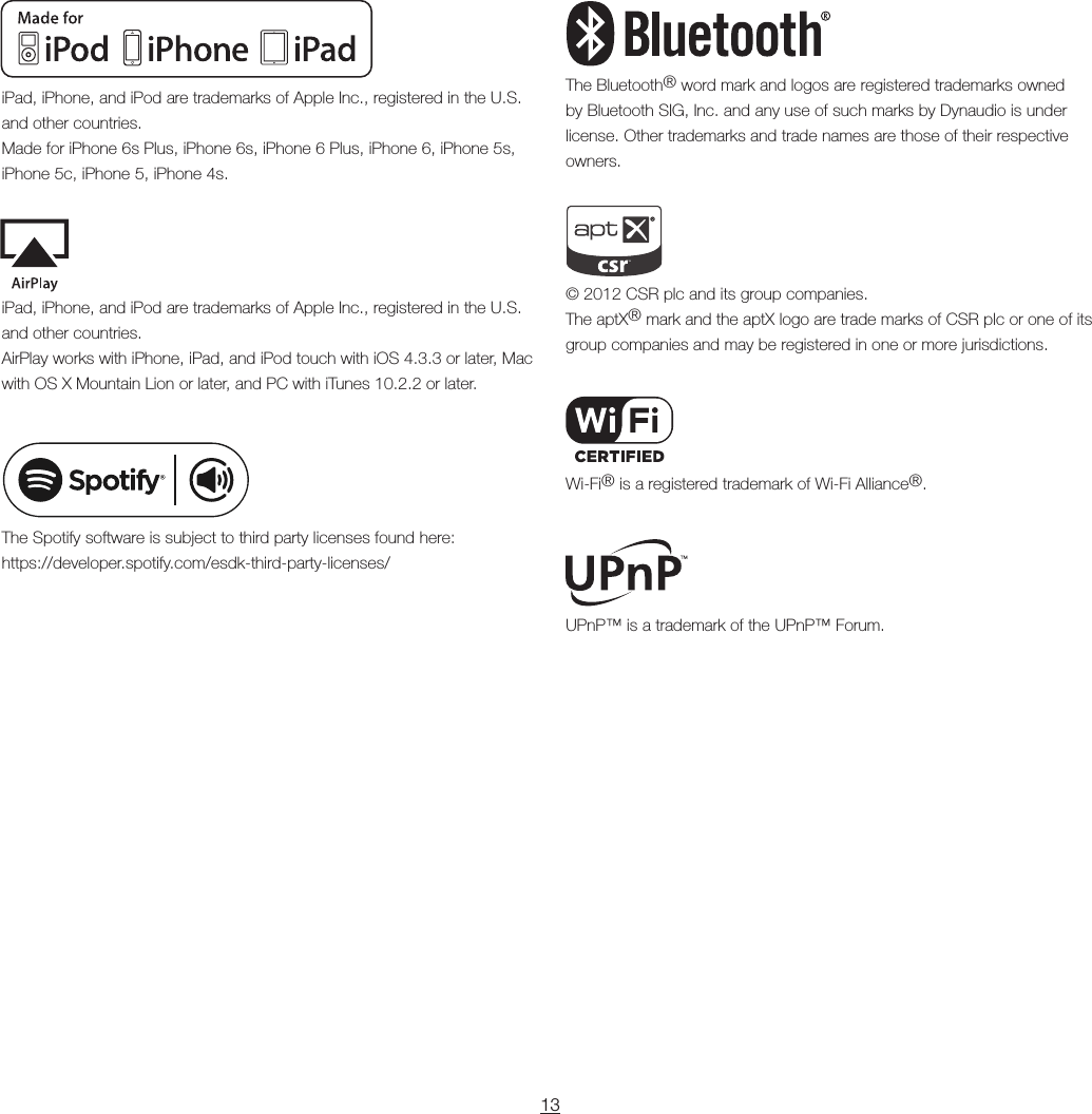 13&copy; 2012 CSR plc and its group companies. The aptX&reg; mark and the aptX logo are trade marks of CSR plc or one of its group companies and may be registered in one or more jurisdictions.UPnP&trade; is a trademark of the UPnP&trade; Forum.iPad, iPhone, and iPod are trademarks of Apple Inc., registered in the U.S. and other countries. AirPlay works with iPhone, iPad, and iPod touch with iOS 4.3.3 or later, Mac with OS X Mountain Lion or later, and PC with iTunes 10.2.2 or later.iPad, iPhone, and iPod are trademarks of Apple Inc., registered in the U.S. and other countries. Made for iPhone 6s Plus, iPhone 6s, iPhone 6 Plus, iPhone 6, iPhone 5s, iPhone 5c, iPhone 5, iPhone 4s.The Bluetooth&reg; word mark and logos are registered trademarks owned by Bluetooth SIG, Inc. and any use of such marks by Dynaudio is under license. Other trademarks and trade names are those of their respective owners.The Spotify software is subject to third party licenses found here: https://developer.spotify.com/esdk-third-party-licenses/Wi-Fi&reg; is a registered trademark of Wi-Fi Alliance&reg;.