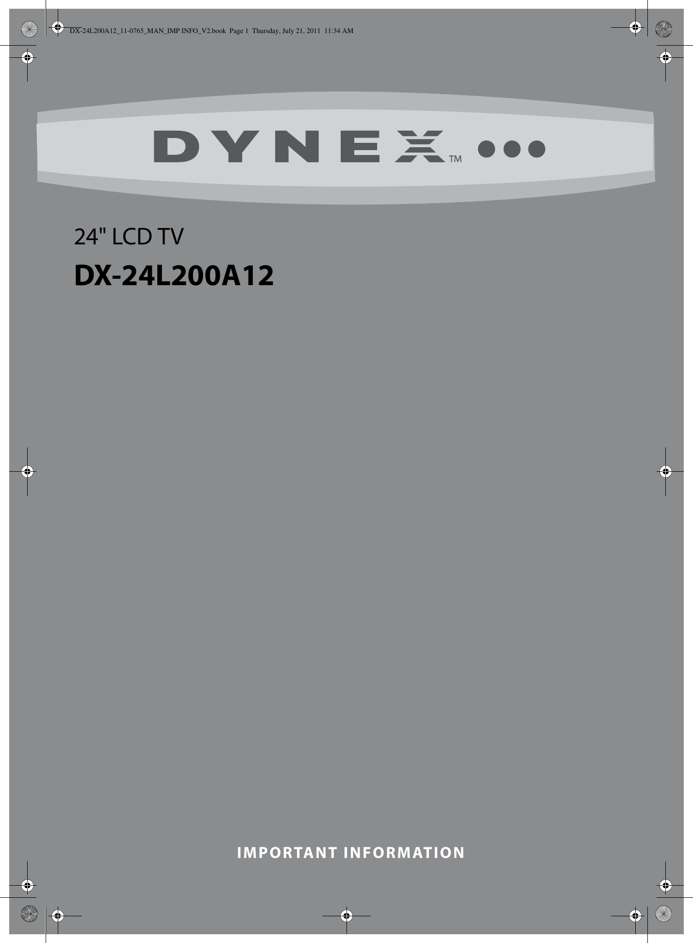 Page 1 of 12 - Dynex DX-24L200A12 DX-24L200A12_11-0765_MAN_IMP INFO_V2 User Manual  To The 4ba2f3ac-5df1-44f1-b295-8c4e02e7d42b
