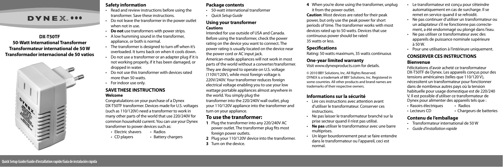 Page 1 of 2 - Dynex Dynex-50W-International-Transformer-Quick-Setup-Guide- DX-T50TF_10-0839_QSG_V4  Dynex-50w-international-transformer-quick-setup-guide