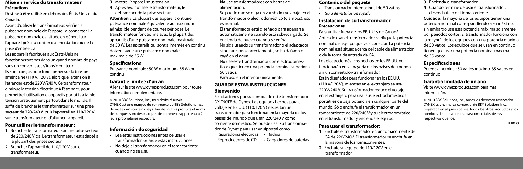 Page 2 of 2 - Dynex Dynex-50W-International-Transformer-Quick-Setup-Guide- DX-T50TF_10-0839_QSG_V4  Dynex-50w-international-transformer-quick-setup-guide