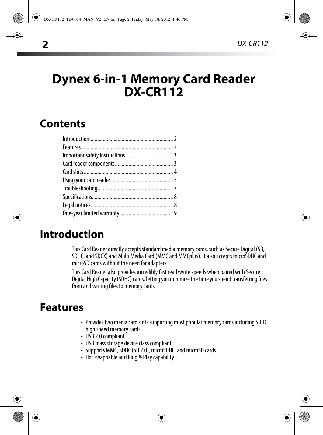 Page 2 of 11 - Dynex Dynex-6-In-1-Memory-Card-Reader-Dx-Cr112-Users-Manual- DX-CR112_12-0054_MAN_V2_EN  Dynex-6-in-1-memory-card-reader-dx-cr112-users-manual