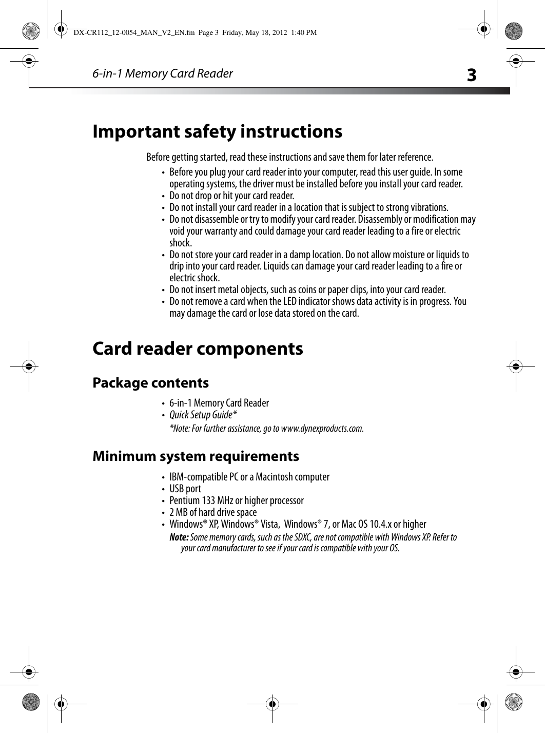 Page 3 of 11 - Dynex Dynex-6-In-1-Memory-Card-Reader-Dx-Cr112-Users-Manual- DX-CR112_12-0054_MAN_V2_EN  Dynex-6-in-1-memory-card-reader-dx-cr112-users-manual