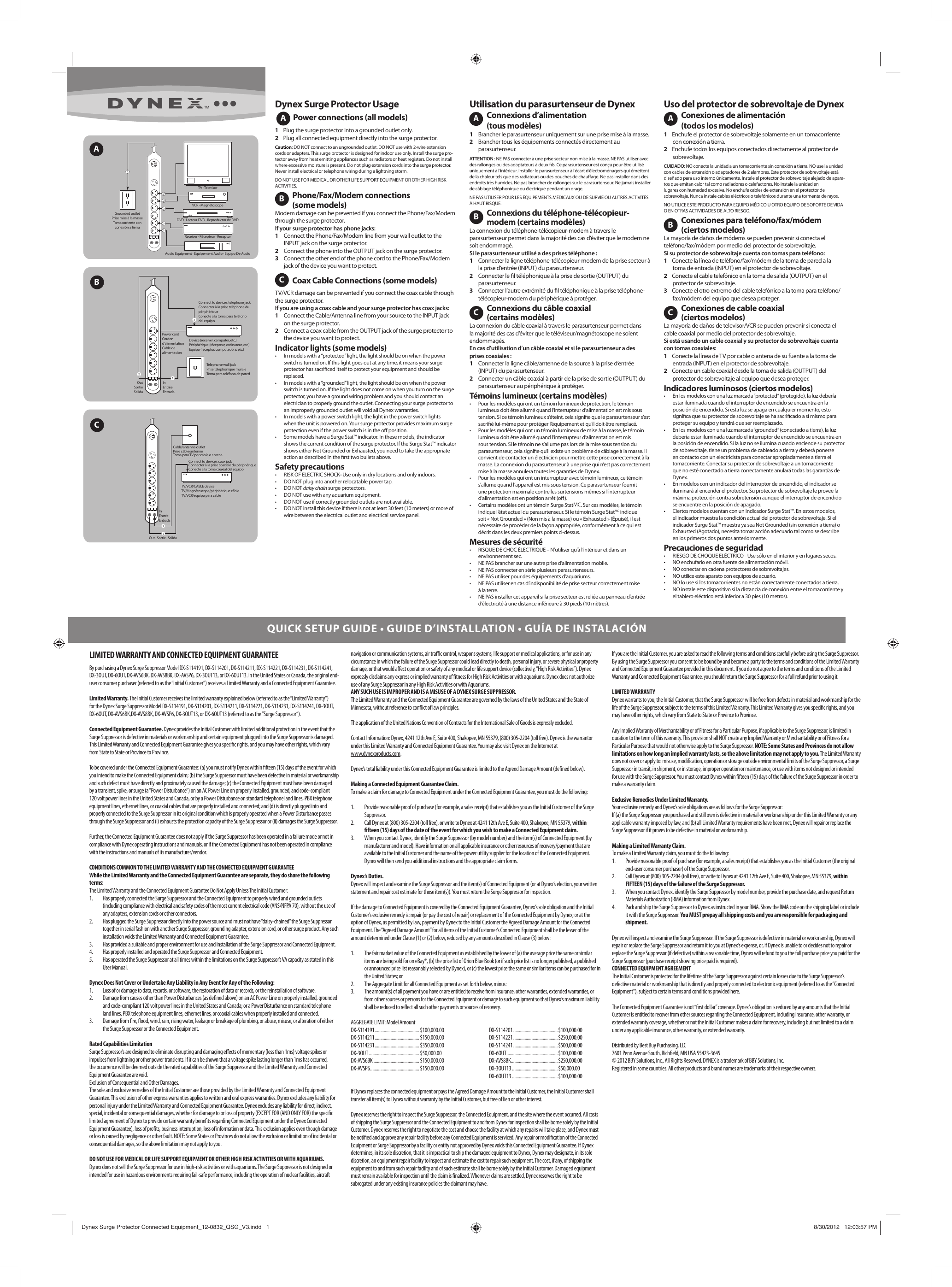 Page 1 of 2 - Dynex Dynex-6-Outlet-Home-Theater-Surge-Protector-Quick-Setup-Guide- Surge Protector Connected Equipment_12-0832_QSG_V3  Dynex-6-outlet-home-theater-surge-protector-quick-setup-guide