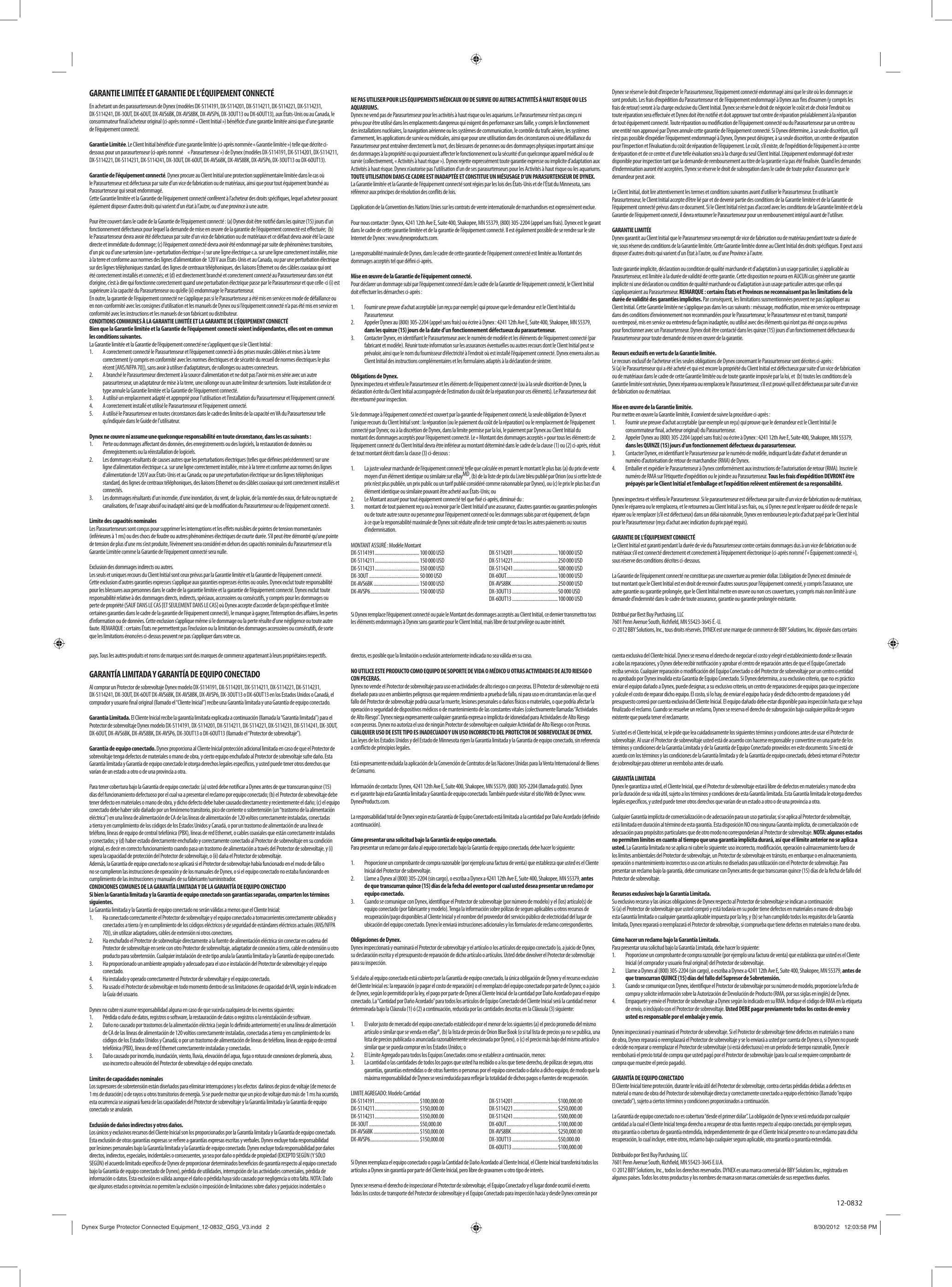 Page 2 of 2 - Dynex Dynex-6-Outlet-Home-Theater-Surge-Protector-Quick-Setup-Guide- Surge Protector Connected Equipment_12-0832_QSG_V3  Dynex-6-outlet-home-theater-surge-protector-quick-setup-guide