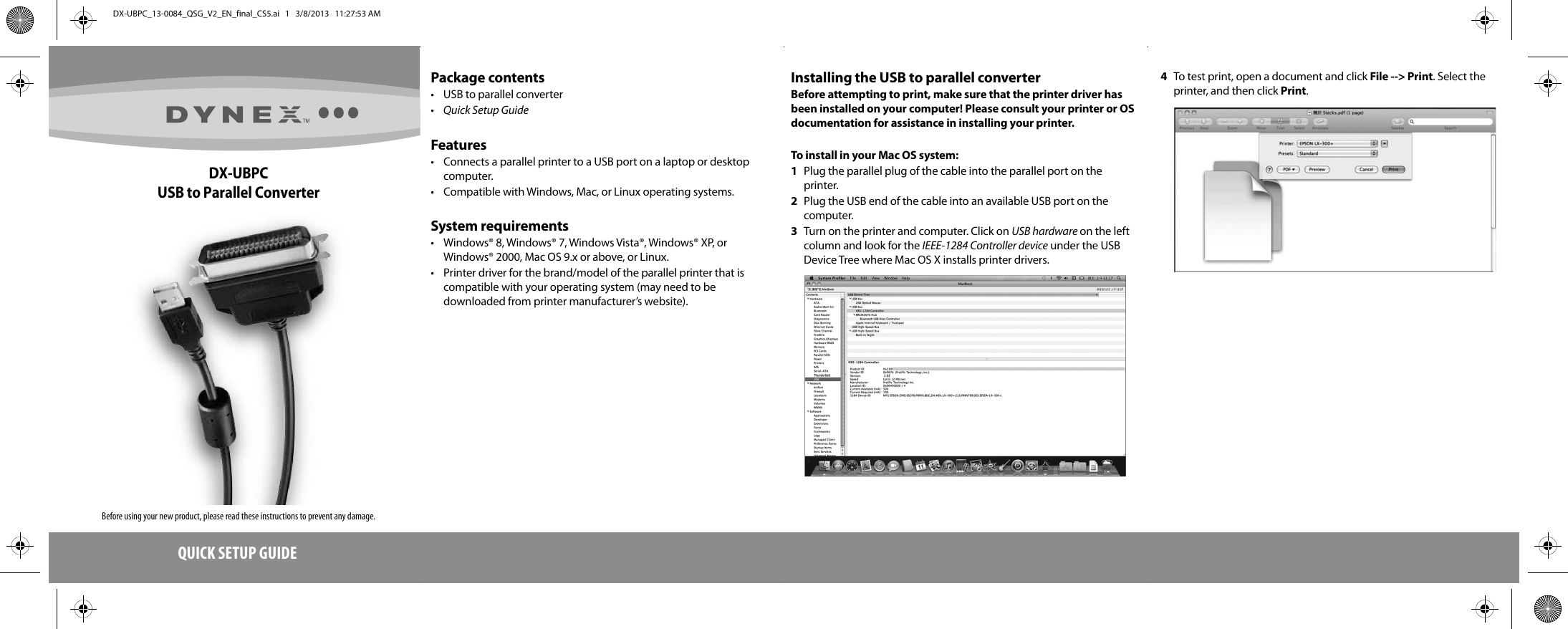 Page 1 of 2 - Dynex Dynex-6-Usb-Parallel-Printer-Cable-Quick-Setup-Guide- DX-UBPC_13-0084_QSG_V2_EN__CS5  Dynex-6-usb-parallel-printer-cable-quick-setup-guide