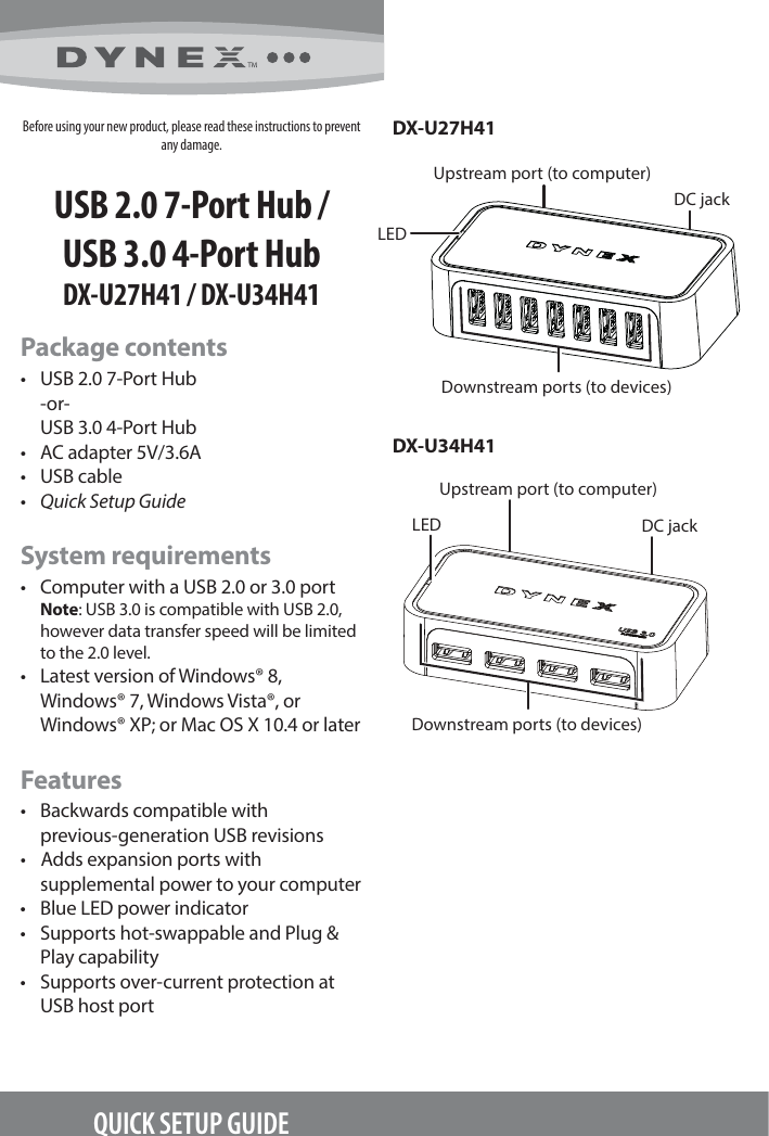 Page 1 of 2 - Dynex Dynex-7-Port-Usb-2-0-Hub-Black-Quick-Setup-Guide- DX-U27H41_DX-U34H41_13-0733_QSG_V1_EN  Dynex-7-port-usb-2-0-hub-black-quick-setup-guide