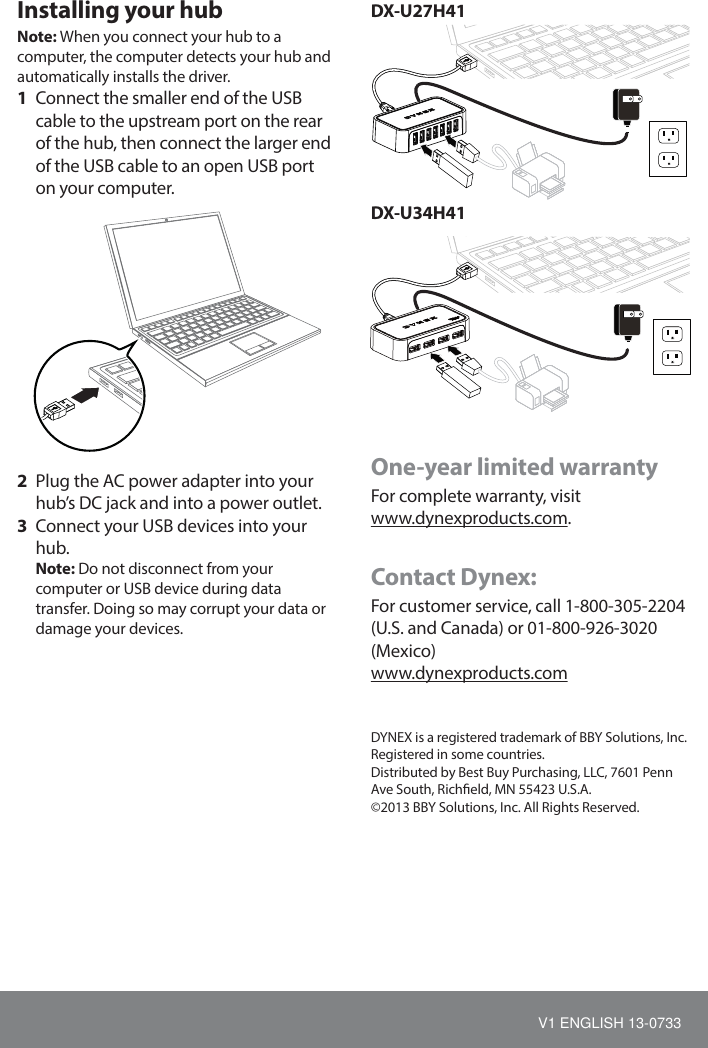 Page 2 of 2 - Dynex Dynex-7-Port-Usb-2-0-Hub-Black-Quick-Setup-Guide- DX-U27H41_DX-U34H41_13-0733_QSG_V1_EN  Dynex-7-port-usb-2-0-hub-black-quick-setup-guide