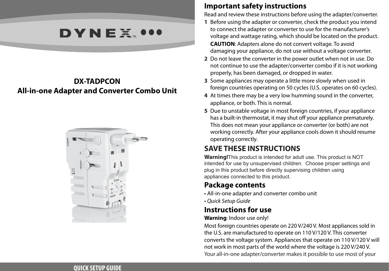 Page 1 of 2 - Dynex Dynex-Adapter-And-Converter-Unit-Quick-Setup-Guide- DX-TADPCON_10-0649_QSG_V1_EN_web  Dynex-adapter-and-converter-unit-quick-setup-guide