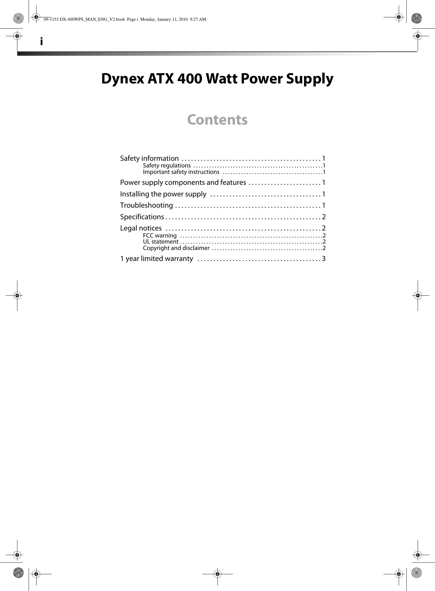 Page 2 of 6 - Dynex Dynex-Dx-400Wps-Owner-S-Manual 09-1153 DX-400WPS_MAN_ENG_V3