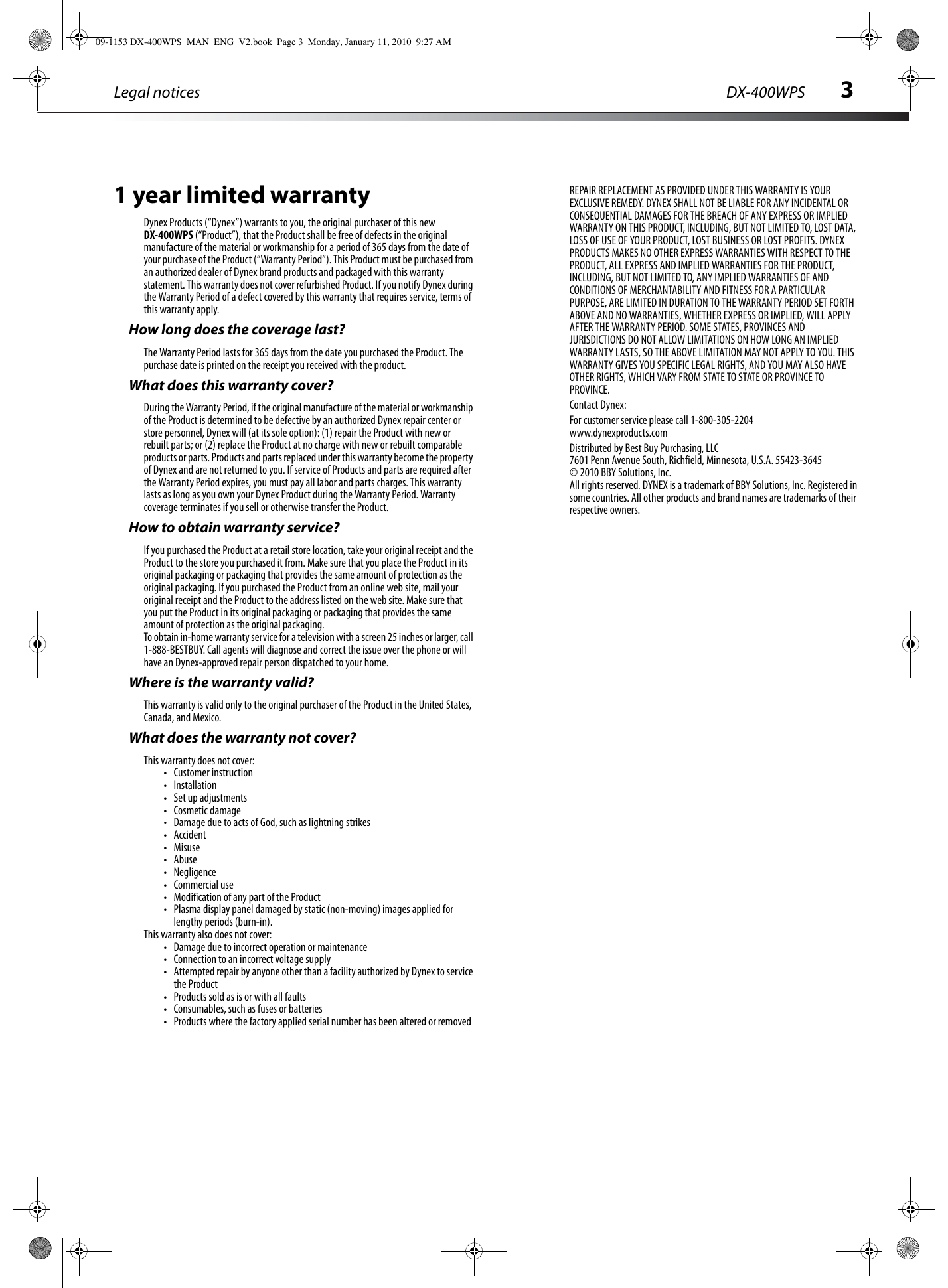 Page 5 of 6 - Dynex Dynex-Dx-400Wps-Owner-S-Manual 09-1153 DX-400WPS_MAN_ENG_V3