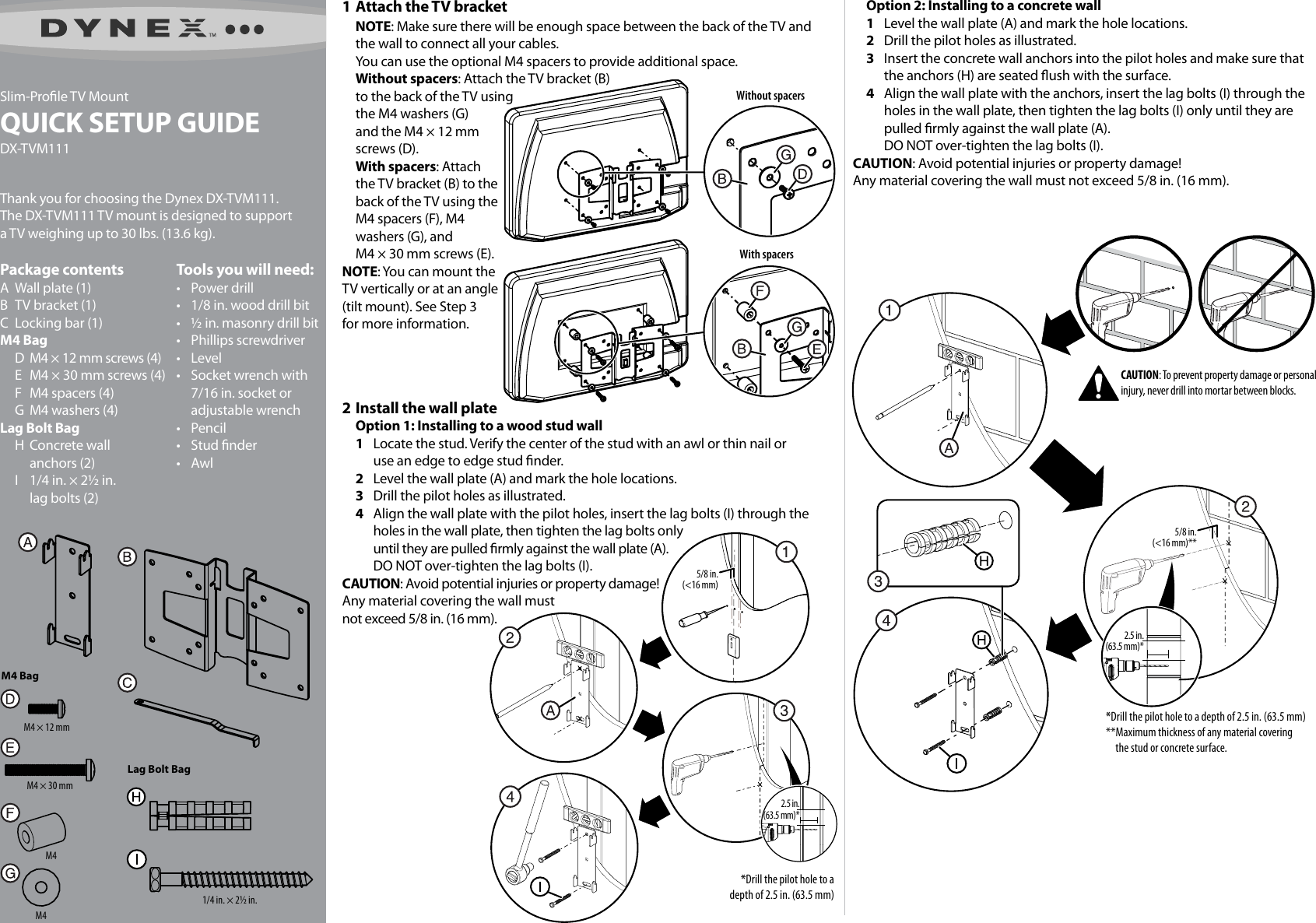 Page 1 of 2 - Dynex Dynex-Fixed-Tv-Wall-Mount-For-Most-13-26-Flat-Panel-Tvs-Black-Quick-Setup-Guide- DX-TVM111_10-0163_QSG_V1_EN  Dynex-fixed-tv-wall-mount-for-most-13-26-flat-panel-tvs-black-quick-setup-guide