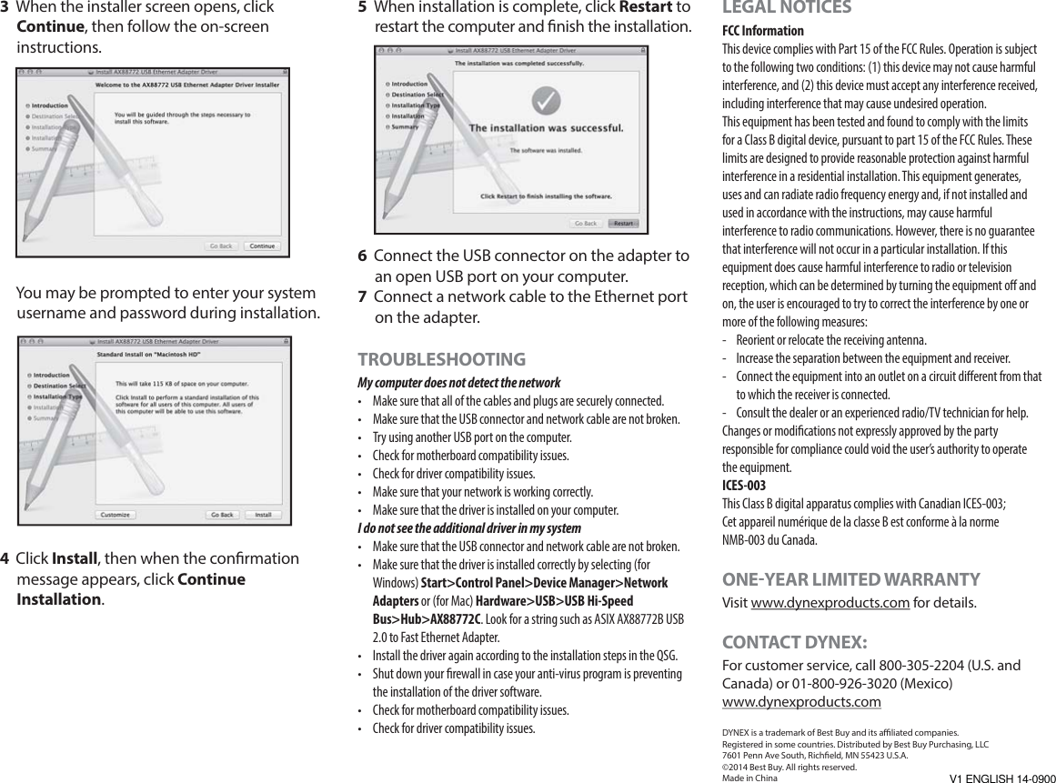 Page 2 of 2 - Dynex Dynex-Usb-2-0-To-Ethernet-Adapter-White-Quick-Setup-Guide- DX-PU98505_14-0900_QSG_V1_EN  Dynex-usb-2-0-to-ethernet-adapter-white-quick-setup-guide