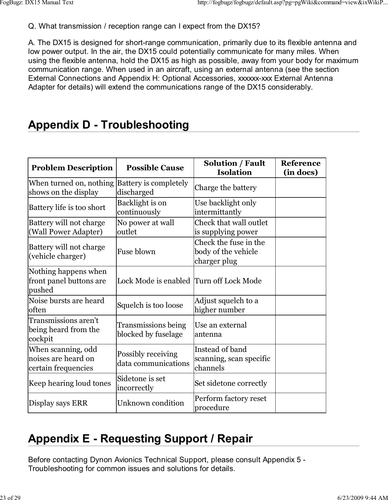 Q. What transmission / reception range can I expect from the DX15?A. The DX15 is designed for short-range communication, primarily due to its flexible antenna andlow power output. In the air, the DX15 could potentially communicate for many miles. Whenusing the flexible antenna, hold the DX15 as high as possible, away from your body for maximumcommunication range. When used in an aircraft, using an external antenna (see the sectionExternal Connections and Appendix H: Optional Accessories, xxxxxx-xxx External AntennaAdapter for details) will extend the communications range of the DX15 considerably.Appendix D - Troubleshooting Problem Description Possible Cause Solution / FaultIsolationReference(in docs)When turned on, nothingshows on the displayBattery is completelydischarged Charge the batteryBattery life is too short Backlight is oncontinuouslyUse backlight onlyintermittantlyBattery will not charge(Wall Power Adapter)No power at walloutletCheck that wall outletis supplying powerBattery will not charge(vehicle charger) Fuse blownCheck the fuse in thebody of the vehiclecharger plugNothing happens whenfront panel buttons arepushedLock Mode is enabled Turn off Lock ModeNoise bursts are heardoften Squelch is too loose Adjust squelch to ahigher numberTransmissions aren'tbeing heard from thecockpitTransmissions beingblocked by fuselageUse an externalantennaWhen scanning, oddnoises are heard oncertain frequenciesPossibly receivingdata communicationsInstead of bandscanning, scan specificchannelsKeep hearing loud tones Sidetone is setincorrectly Set sidetone correctlyDisplay says ERR Unknown condition Perform factory resetprocedureAppendix E - Requesting Support / RepairBefore contacting Dynon Avionics Technical Support, please consult Appendix 5 -Troubleshooting for common issues and solutions for details.FogBugz: DX15 Manual Texthttp://fogbugz/fogbugz/default.asp?pg=pgWiki&amp;command=view&amp;ixWikiP...23 of 296/23/2009 9:44 AM