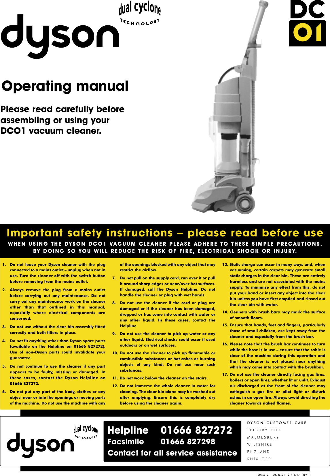 Page 1 of 6 - Dyson Dyson-Dc-01-Users-Manual- 00753-01 DC01 OPERATING MANUAL  Dyson-dc-01-users-manual