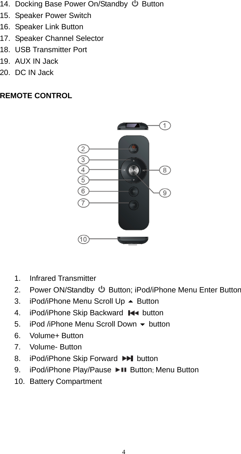   414.   Docking Base Power On/Standby   Button 15.   Speaker Power Switch 16.   Speaker Link Button 17.   Speaker Channel Selector   18.   USB Transmitter  Port 19.   AUX IN Jack 20.  DC IN Jack    REMOTE CONTROL      1. Infrared Transmitter  2. Power ON/Standby   Button; iPod/iPhone Menu Enter Button   3.  iPod/iPhone Menu Scroll Up  Button 4.  iPod/iPhone Skip Backward   button 5.  iPod /iPhone Menu Scroll Down  button 6. Volume+ Button  7. Volume- Button 8.  iPod/iPhone Skip Forward   button 9. iPod/iPhone Play/Pause   Button; Menu Button 10. Battery Compartment     