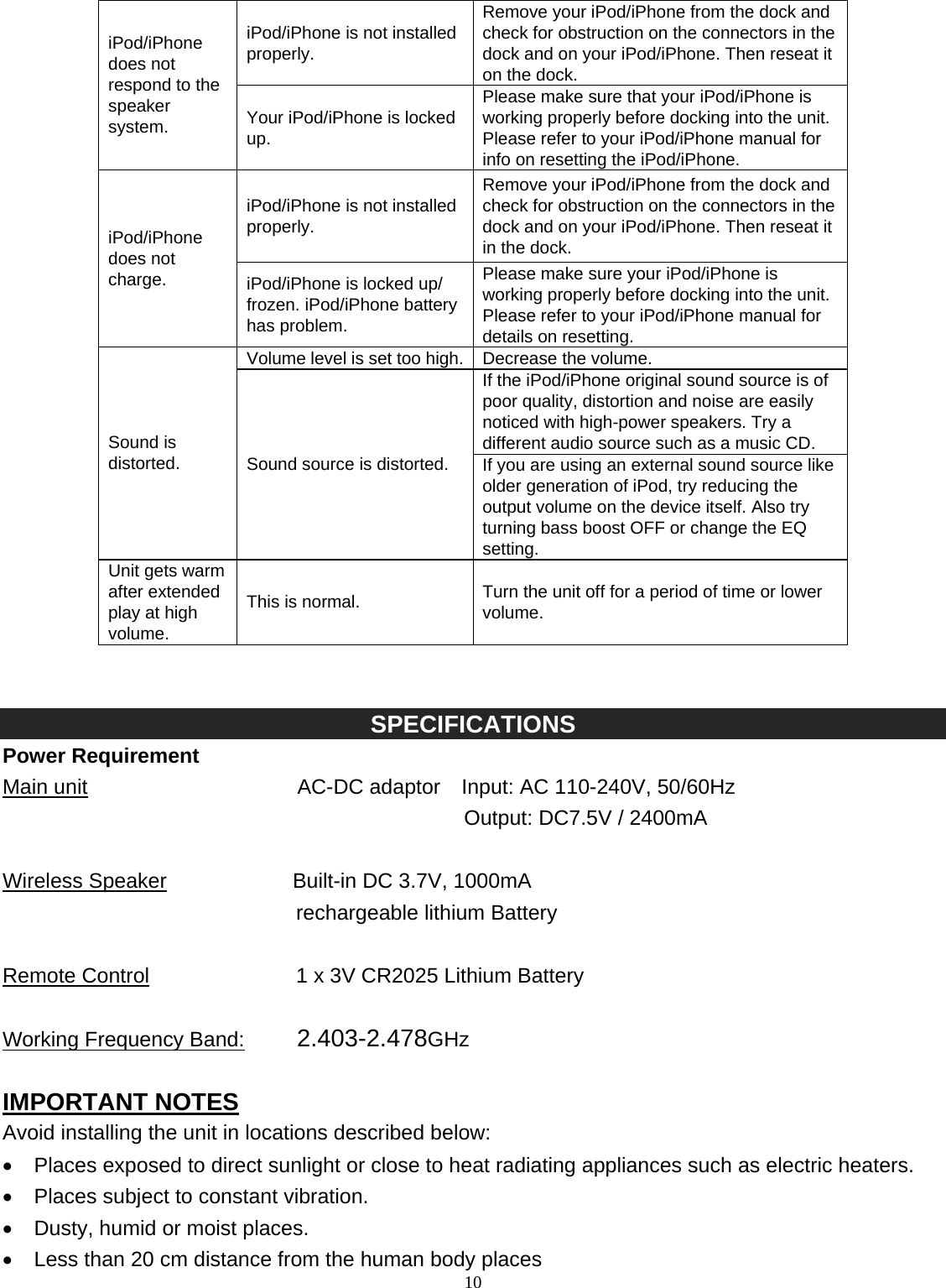   10iPod/iPhone is not installed properly. Remove your iPod/iPhone from the dock and check for obstruction on the connectors in the dock and on your iPod/iPhone. Then reseat it on the dock. iPod/iPhone does not respond to the speaker system.  Your iPod/iPhone is locked up. Please make sure that your iPod/iPhone is working properly before docking into the unit. Please refer to your iPod/iPhone manual for info on resetting the iPod/iPhone. iPod/iPhone is not installed properly. Remove your iPod/iPhone from the dock and check for obstruction on the connectors in the dock and on your iPod/iPhone. Then reseat it in the dock. iPod/iPhone does not charge.  iPod/iPhone is locked up/ frozen. iPod/iPhone battery has problem. Please make sure your iPod/iPhone is working properly before docking into the unit. Please refer to your iPod/iPhone manual for details on resetting. Volume level is set too high. Decrease the volume. If the iPod/iPhone original sound source is of poor quality, distortion and noise are easily noticed with high-power speakers. Try a different audio source such as a music CD. Sound is distorted.  Sound source is distorted.  If you are using an external sound source like older generation of iPod, try reducing the output volume on the device itself. Also try turning bass boost OFF or change the EQ setting. Unit gets warm after extended play at high volume. This is normal.  Turn the unit off for a period of time or lower volume.   SPECIFICATIONS Power Requirement Main unit                    AC-DC adaptor  Input: AC 110-240V, 50/60Hz                                             Output: DC7.5V / 2400mA  Wireless Speaker            Built-in DC 3.7V, 1000mA  rechargeable lithium Battery  Remote Control              1 x 3V CR2025 Lithium Battery  Working Frequency Band:     2.403-2.478GHz  IMPORTANT NOTES Avoid installing the unit in locations described below: •  Places exposed to direct sunlight or close to heat radiating appliances such as electric heaters. •  Places subject to constant vibration. •  Dusty, humid or moist places. •  Less than 20 cm distance from the human body places 