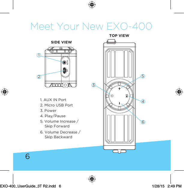 6Meet Your New EXO-400SIDE VIEWTOP VIEW3142561. AUX IN Port2. Micro USB Port3. Power4. Play/Pause5. Volume Increase /    Skip Forward 6. Volume Decrease /    Skip BackwardEXO-400_UserGuide_3T R2.indd   6 1/28/15   2:49 PM