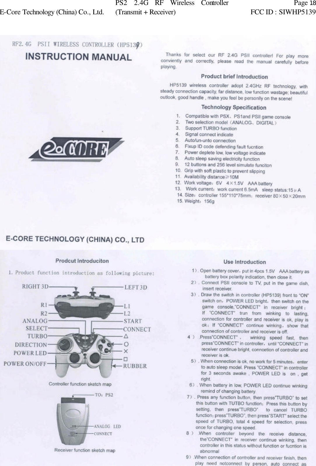  Page 18 E-Core Technology (China) Co., Ltd. PS2 2.4G RF Wireless Controller (Transmit + Receiver) FCC ID : SIWHP5139      