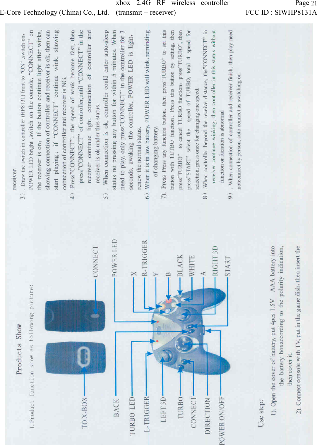  Page 21 E-Core Technology (China) Co., Ltd. xbox 2.4G RF wireless controller (transmit + receiver) FCC ID : SIWHP8131A    