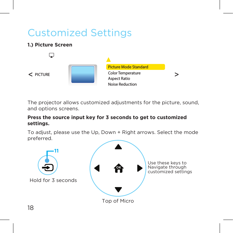 18Customized Settings1.) Picture ScreenTheprojectorallowscustomizedadjustmentsforthepicture,sound,and options screens. Press the source input key for 3 seconds to get to customized settings.Toadjust,pleaseusetheUp,Down+Rightarrows.Selectthemodepreferred.Picture Mode StandardColor TemperatureAspect RatioNoise ReductionSound Mode StandardBalanceAuto VolumeSorround SoundSPDIF ModeEQOSD Language EnglishRestore Factory DefaultBlendingPICTURESOUNDOPTION(Choose language)Top of MicroUse these keys to Navigate through customized settings111213141516171811Hold for 3 seconds