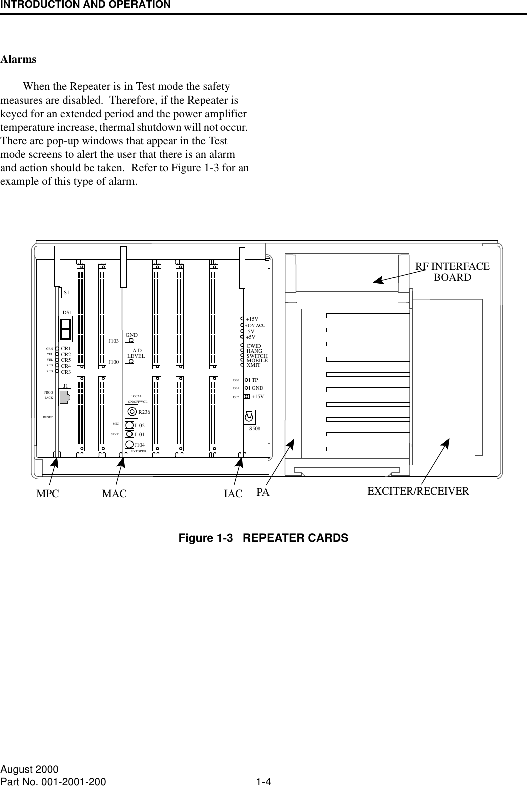 INTRODUCTION AND OPERATION1-4August 2000Part No. 001-2001-200AlarmsWhen the Repeater is in Test mode the safety measures are disabled.  Therefore, if the Repeater is keyed for an extended period and the power amplifier temperature increase, thermal shutdown will not occur.  There are pop-up windows that appear in the Test mode screens to alert the user that there is an alarm and action should be taken.  Refer to Figure 1-3 for an example of this type of alarm.Figure 1-3   REPEATER CARDSIACMACMPCJ502J501J500GRNYELYELREDREDPROGJACKRESETON/OFF/VOLLOCALMICSPKREXT SPKRXMITMOBILESWITCHHANGCWID+15VGNDTPJ103J100GNDA DLEVELR236J102J101J104J1S1CR1CR2CR4DS1S508RF INTERFACEBOARDEXCITER/RECEIVERPACR3CR5+5V-5V+15V+15V ACC